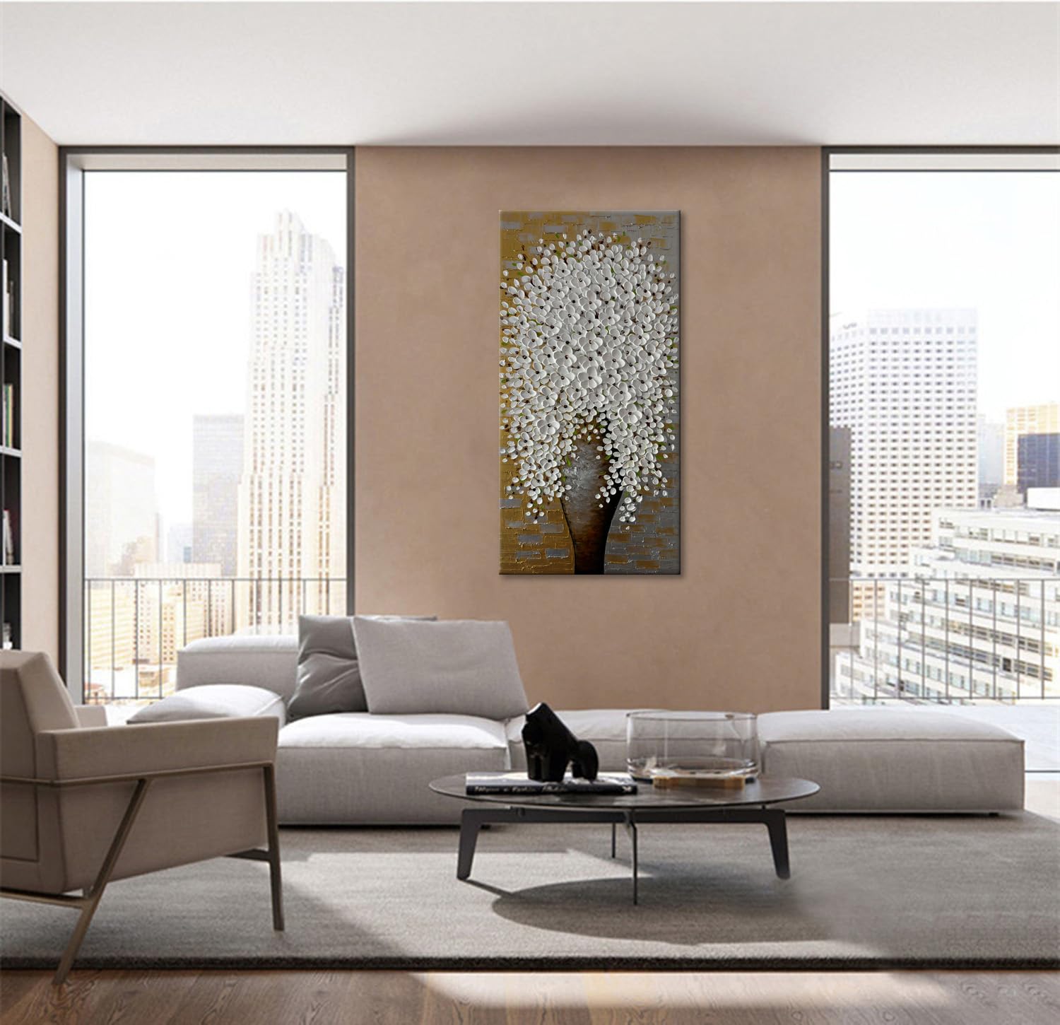 Zoinart 3D Floral Oil Paintings 24x48 Inch Hand-Painted Abstract Large Canvas Wall Art - White Flower Vertical Decorative Framed Texture Artwork Ready to Hang for Living Room, Bedroom & Office Decor
