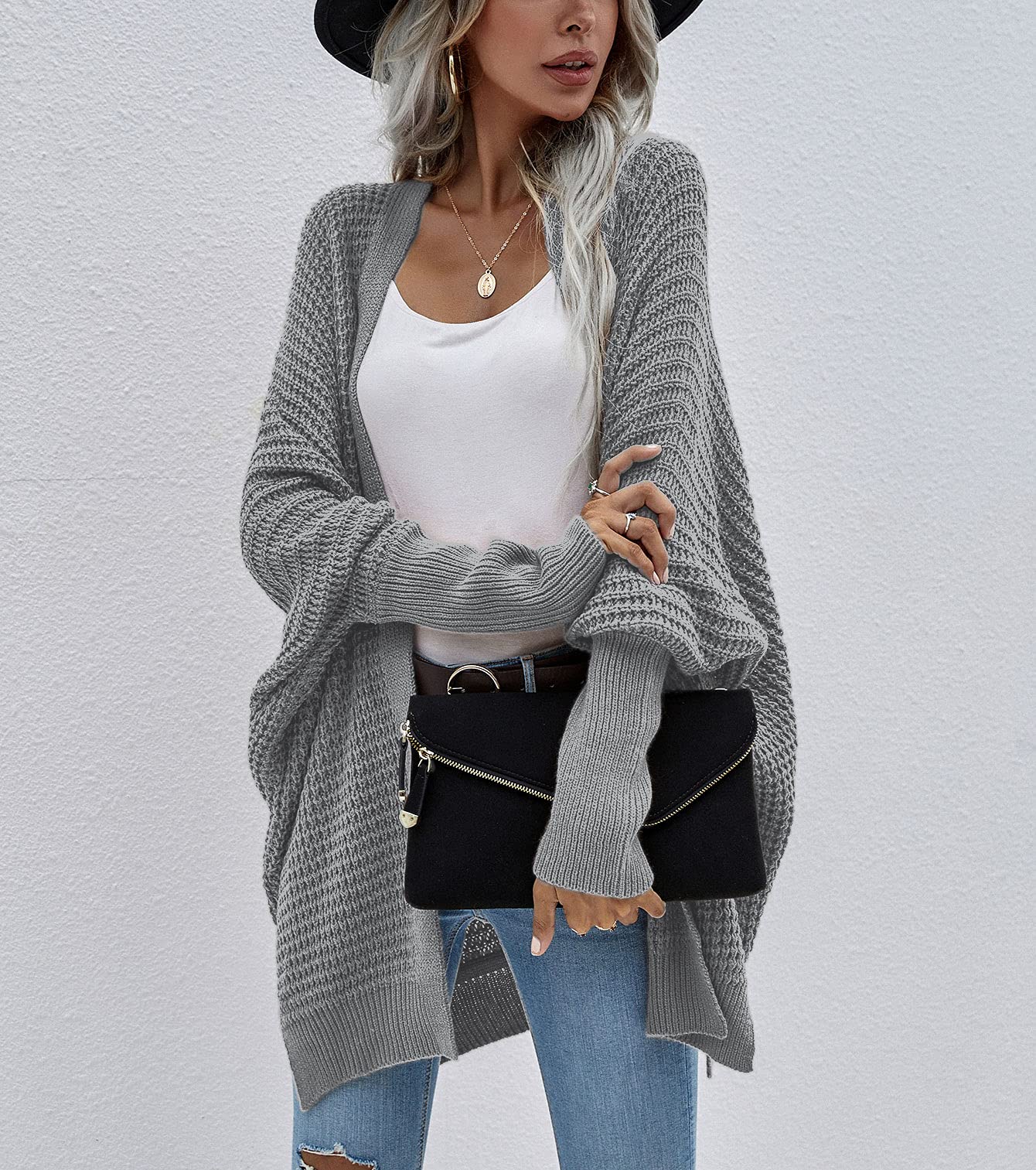 Women's Chunky Knit Waffle Cardigan Sweater - Ribbed Cuffs, Batwing Sleeves & Open Front Design - Casual Loose Fit Long Sleeve Coat for Fall & Winter Layering | Perfect for Coffee Dates, Office Wear & Cozy Home Outfits