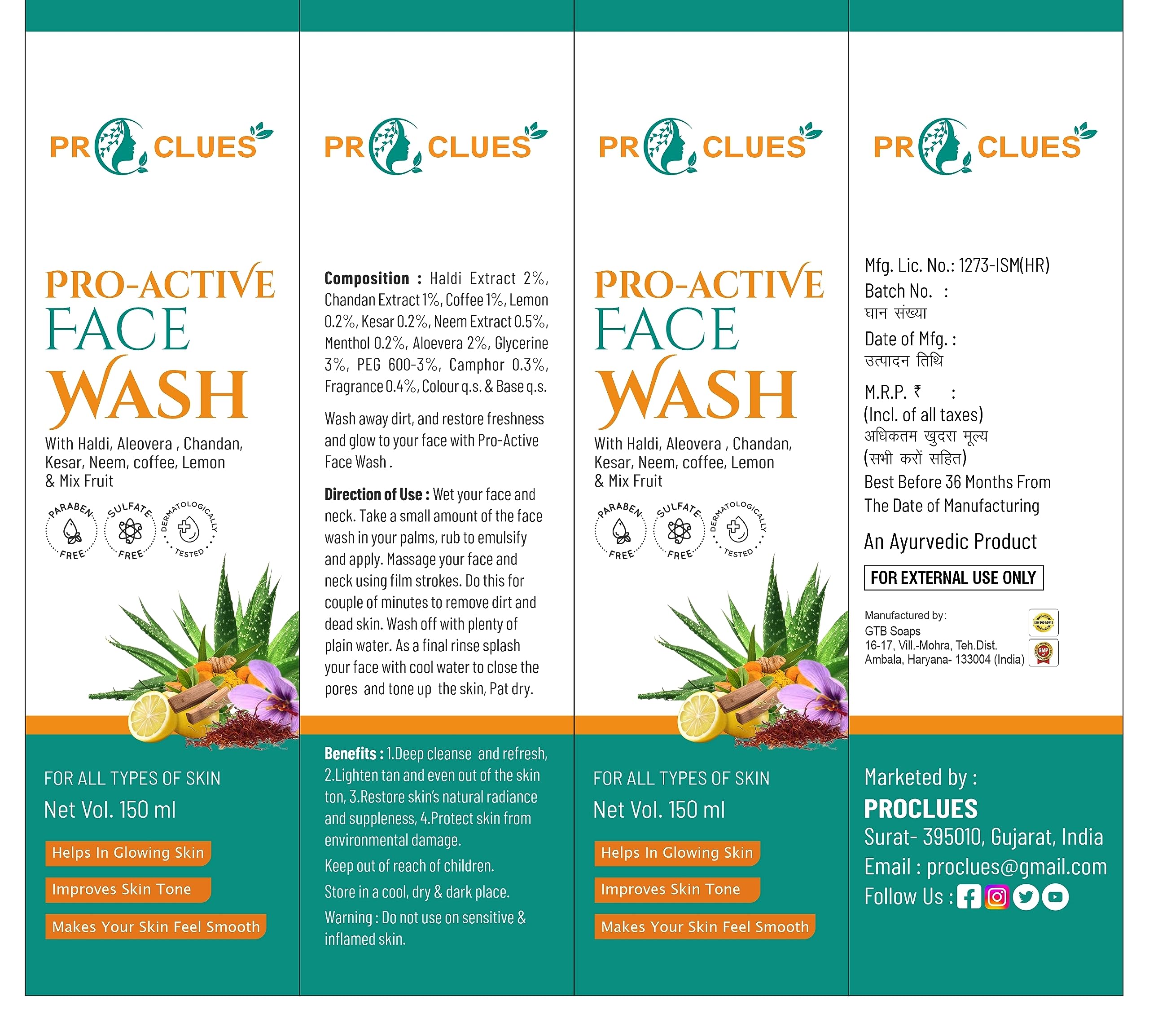 Proclues Refreshing & Deep Cleansing Pro-Active Face Wash with Herbal Extracts - Fights Pimples, Brightens Skin, Reduces Dark Spots & Improves Texture (150ml) | Gentle Daily Cleanser for Oily, Acne-Prone & Sensitive Skin
