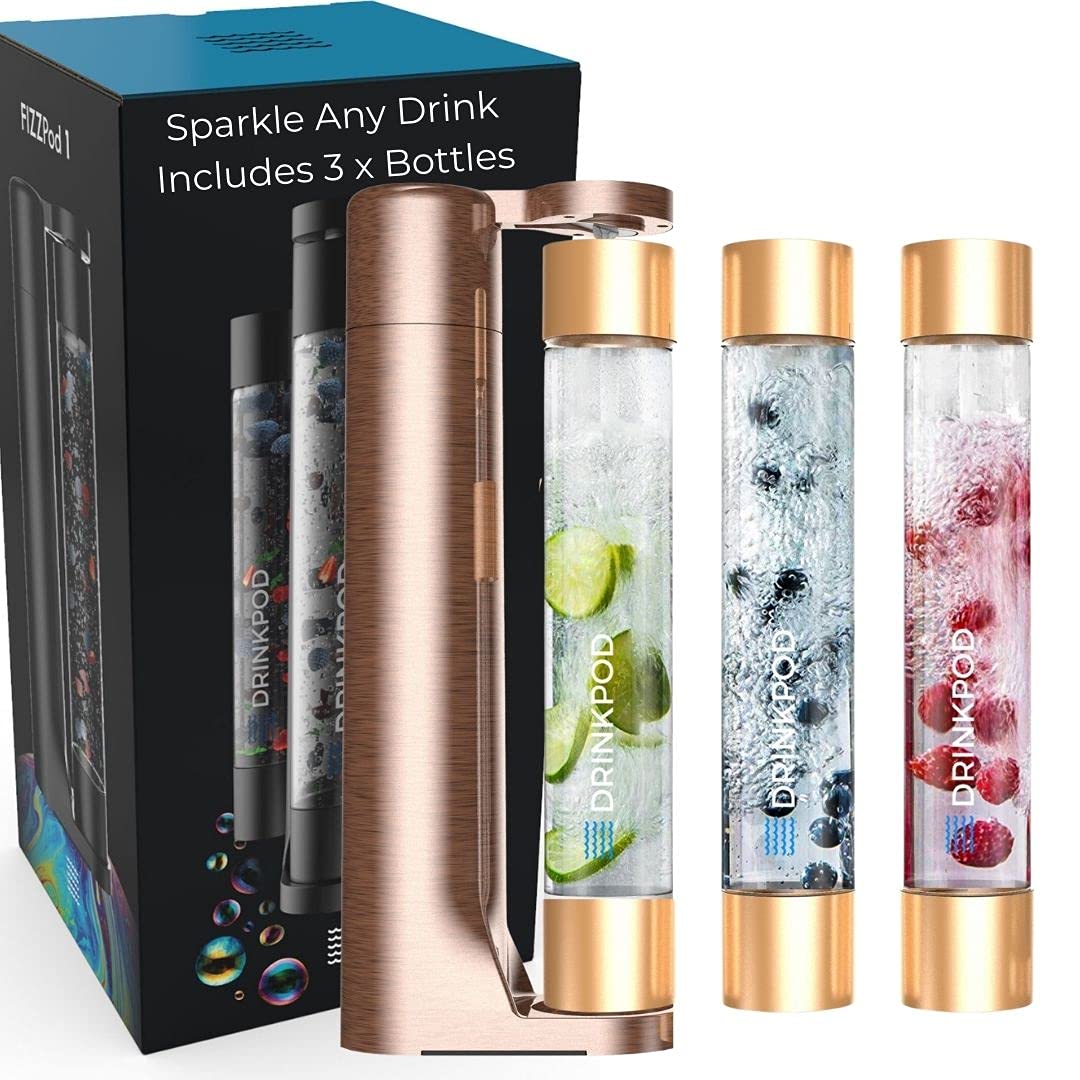 FIZZpod Soda Maker Machine - Make Sparkling Water, Juice, Coffee & Cocktails at Home | Includes 3 BPA-Free Bottles, 3 Caps & CO2 Carbonator (3 Cylinders Included) | Perfect for Kitchen, Office & Party Beverages
