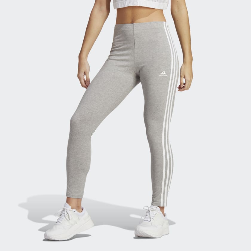 Adidas Women's Essentials 3-Stripes High Waisted Yoga Pants - Grey Workout Leggings for Running, Gym & Lounge Wear