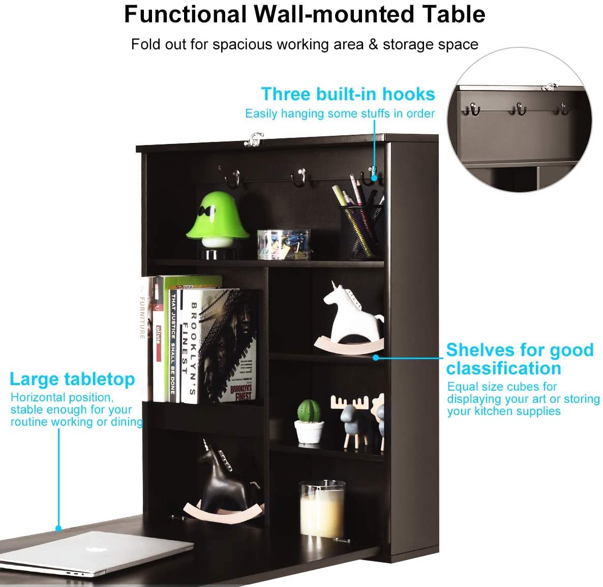 GRAFFY Wall Mounted Folding Desk with Chalkboard - Space Saving Floating Desk with Storage Shelves & Hooks, Multi-Functional Home Office Computer Desk & Laptop Workstation (Brown) - Perfect for Small Spaces, Apartments & Dorm Rooms