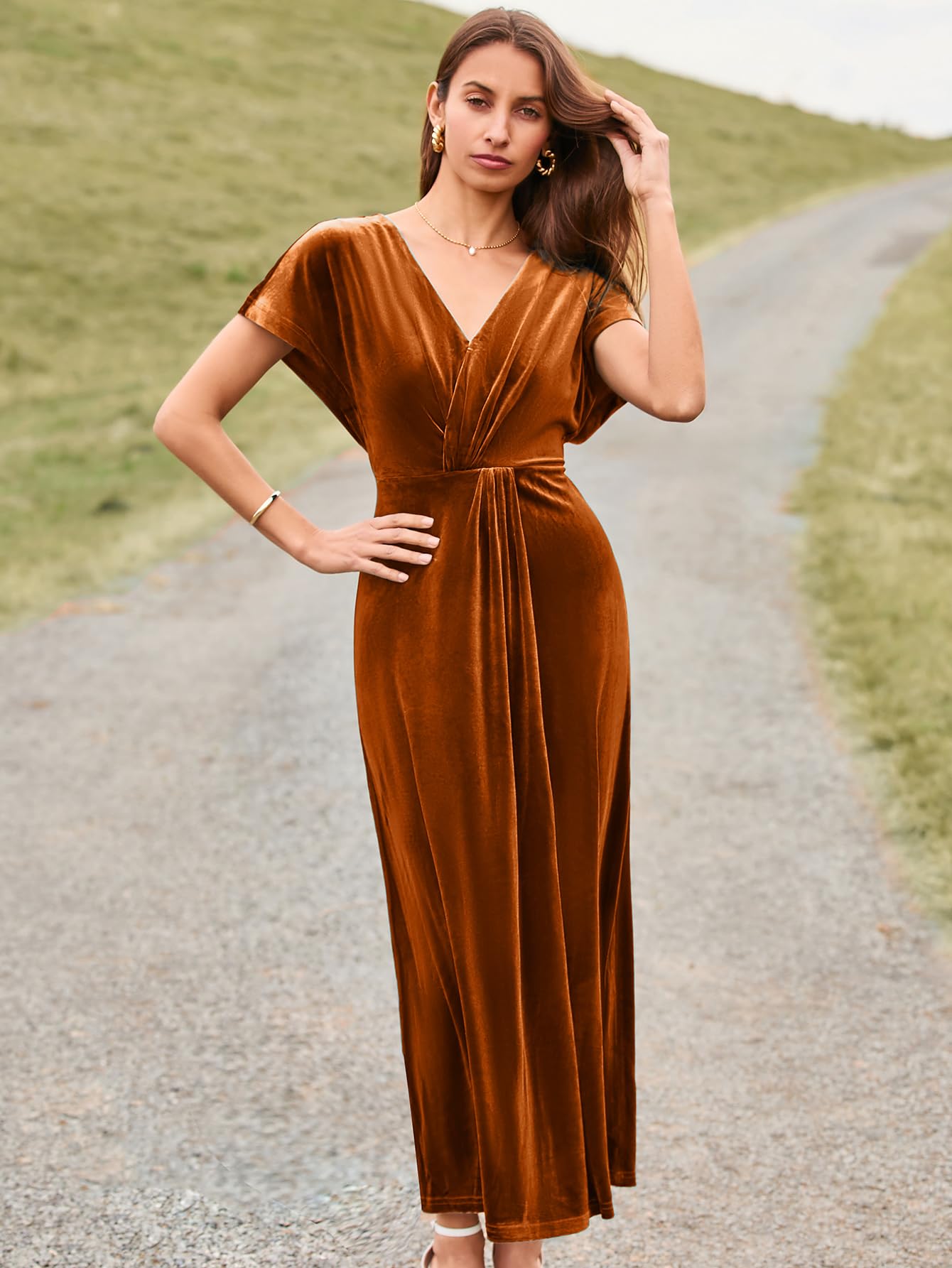 Simplee Women's Velvet Maxi Dress - Short Sleeve V-Neck Formal Gown for Wedding Guest, Prom, Cocktail Party & Special Occasions | Elegant Bodycon Long Dress with Twiss Front Detail for Fall & Winter Events