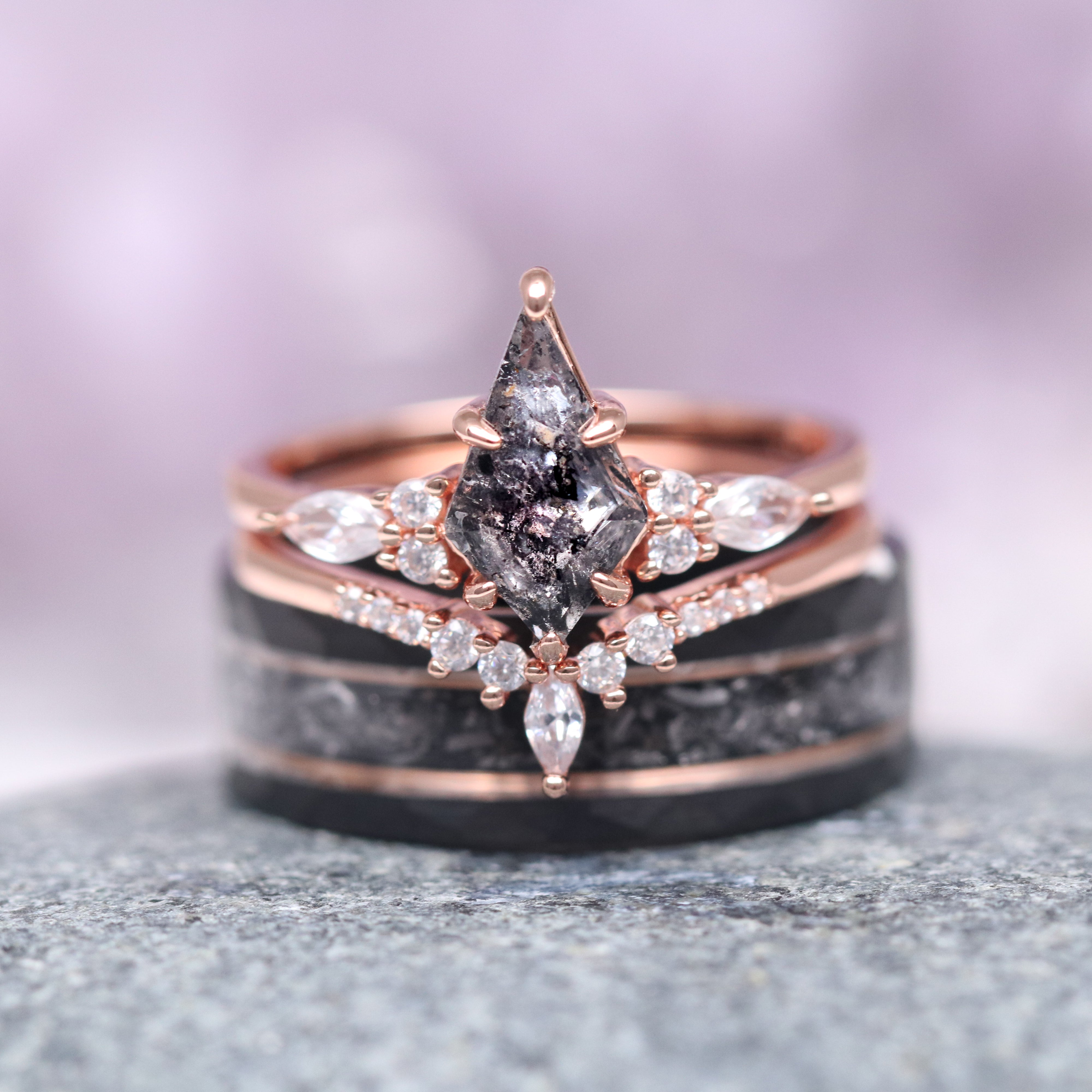 Skye Kite™ 14K Solid Rose Gold Salt & Pepper Diamond Engagement Ring Set - Herkimer Diamond Wedding Band for Women, Perfect for Proposals & Anniversary Gifts