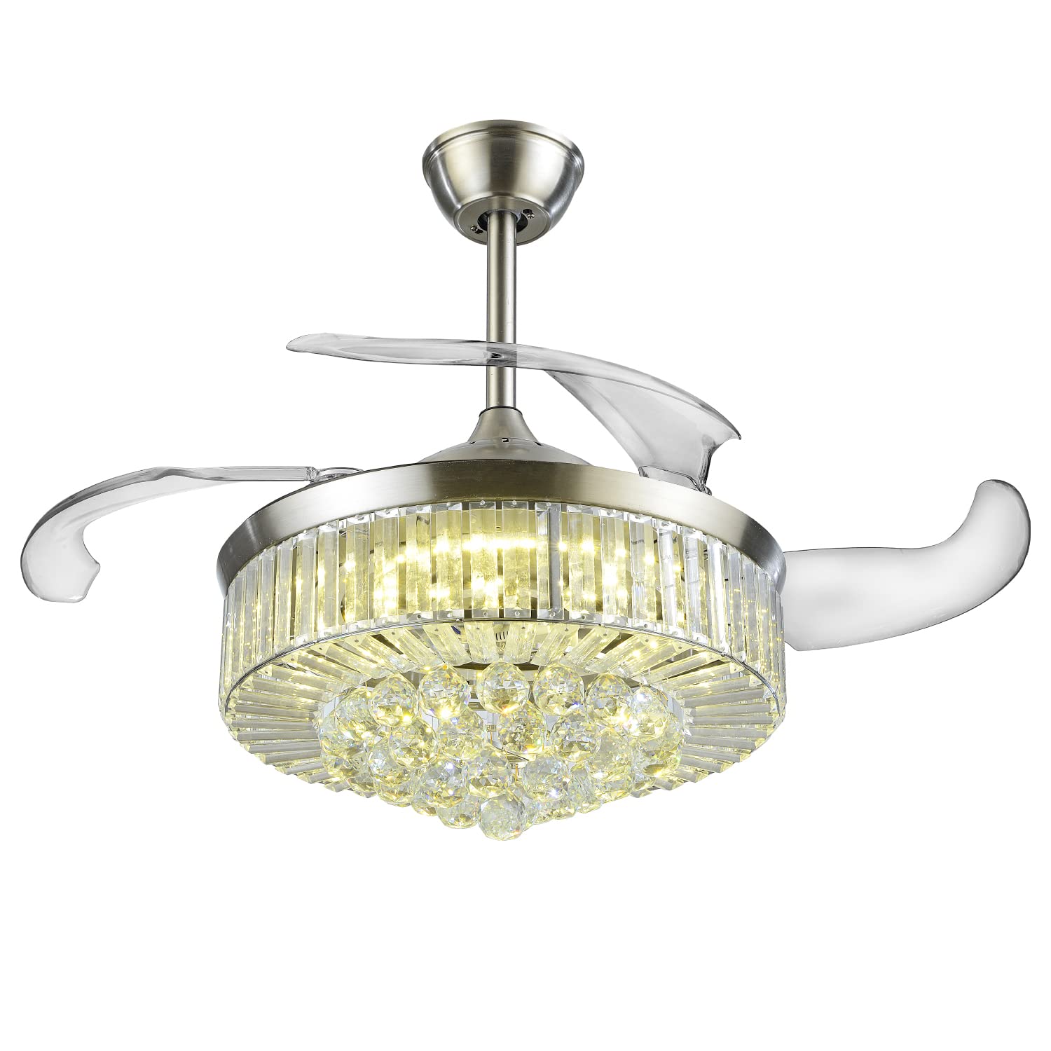 42 Inch Retractable Ceiling Fan with Lights - 6 Speed Modern Crystal Chandelier Fandelier, Reversible Motor for Bedroom, Living Room & Office - Perfect for Home Cooling and Stylish Lighting Decor