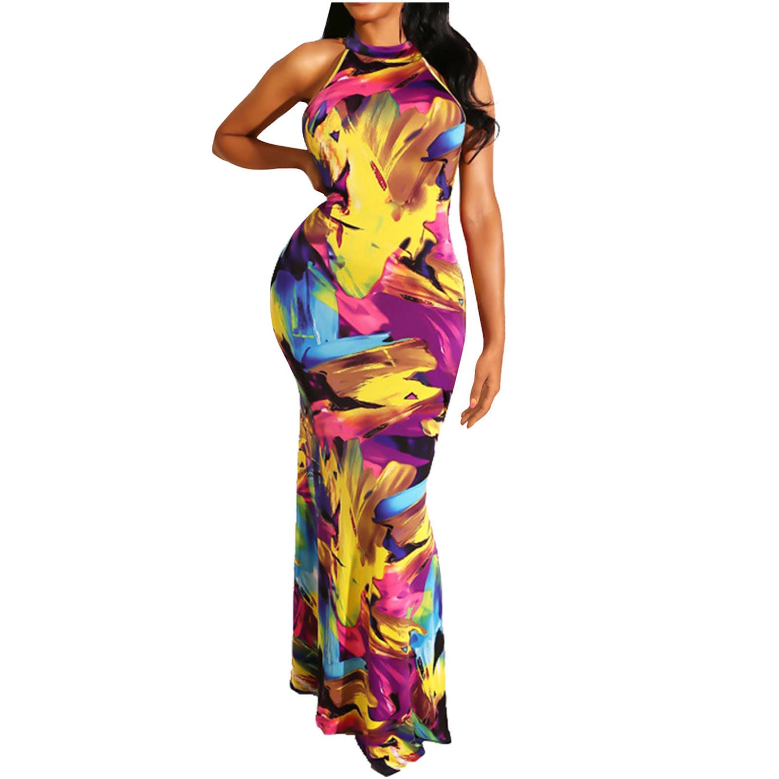 Women's Tie-Dye Print Halter Sleeveless Long Dress - Casual Summer Beach Dress for Ladies | Perfect for Vacations, Pool Parties & Boho Fashion