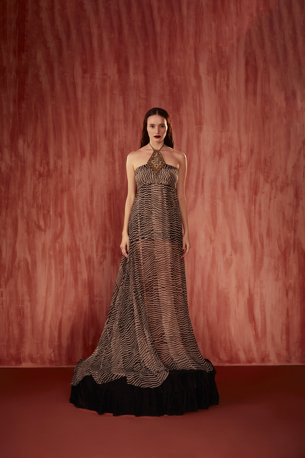 Elegant Black & White Byzantine Halter Maxi Dress with Pearl Cutwork Embroidery - Perfect for Evening Parties, Weddings & Special Occasions