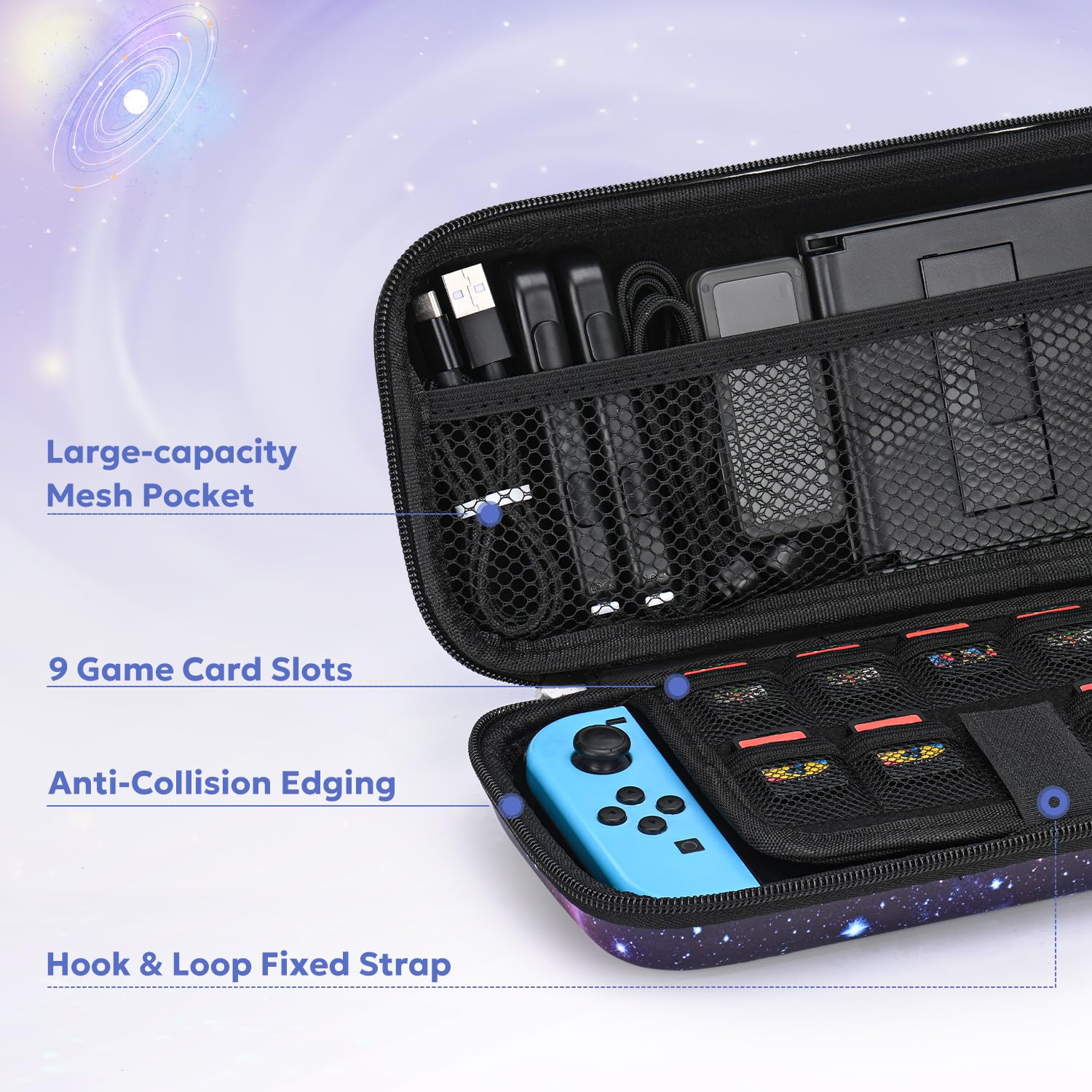 InnoAura 15-in-1 Nintendo Switch Accessories Bundle - Protective Carrying Case, Game Case, Screen Protector & Thumb Grips (Galaxy Black) | Perfect for Travel, Gaming On-The-Go & Switch Protection