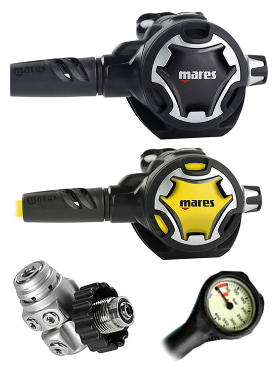 Mares Regulator Set: Dual Adjustable 62X Scuba Diving Regulator with Octopus & Free Thermometer Gauge (DIN or Yoke) - Perfect for Deep Sea Diving and Underwater Exploration