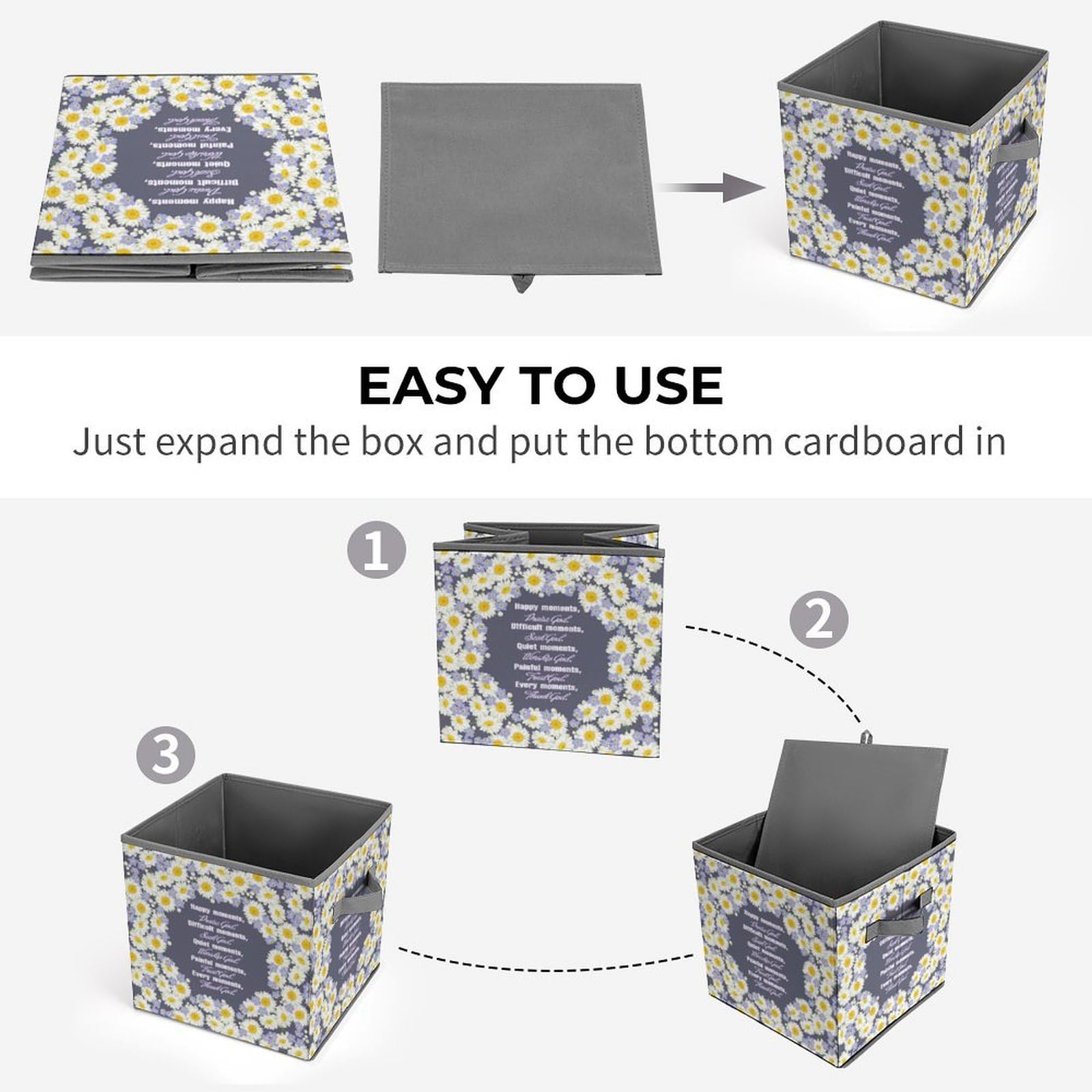 Religious Bible Verse Daisies Purple Foldable Storage Bins - 1 Pack Collapsible Storage Basket with Handles (10.6 Inch Cube) for Nursery, Closet, Clothes, Shelves & Books Organization | Perfect for Home, Office & Church Storage Solutions