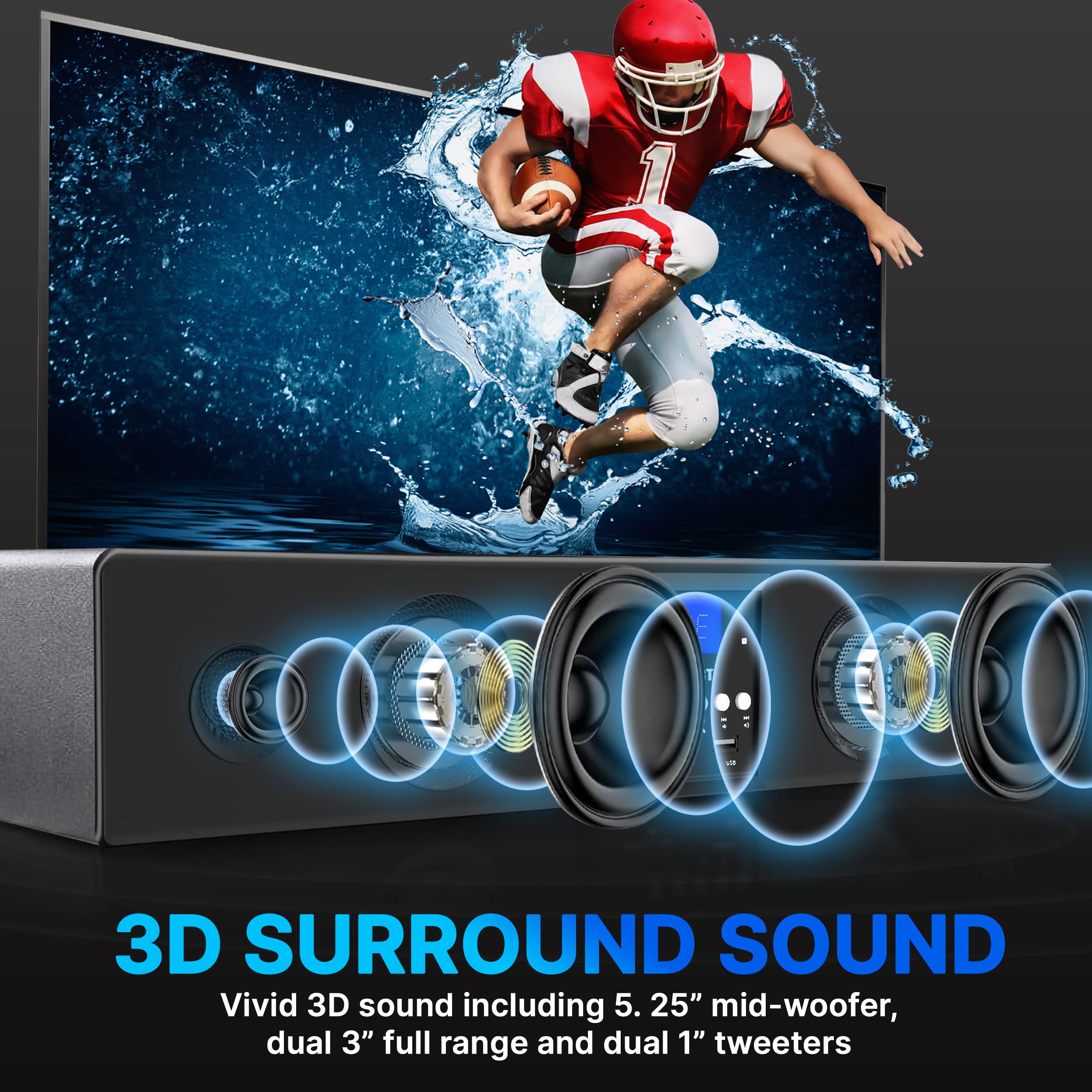 Pyle PSBV200BT 3D Surround Sound Bluetooth Soundbar with Deep Bass - Wireless TV Speaker System with USB, SD, FM Radio & 3.5mm AUX Input, Remote Control - Perfect for Home Theater, Gaming & Movie Nights (Black)