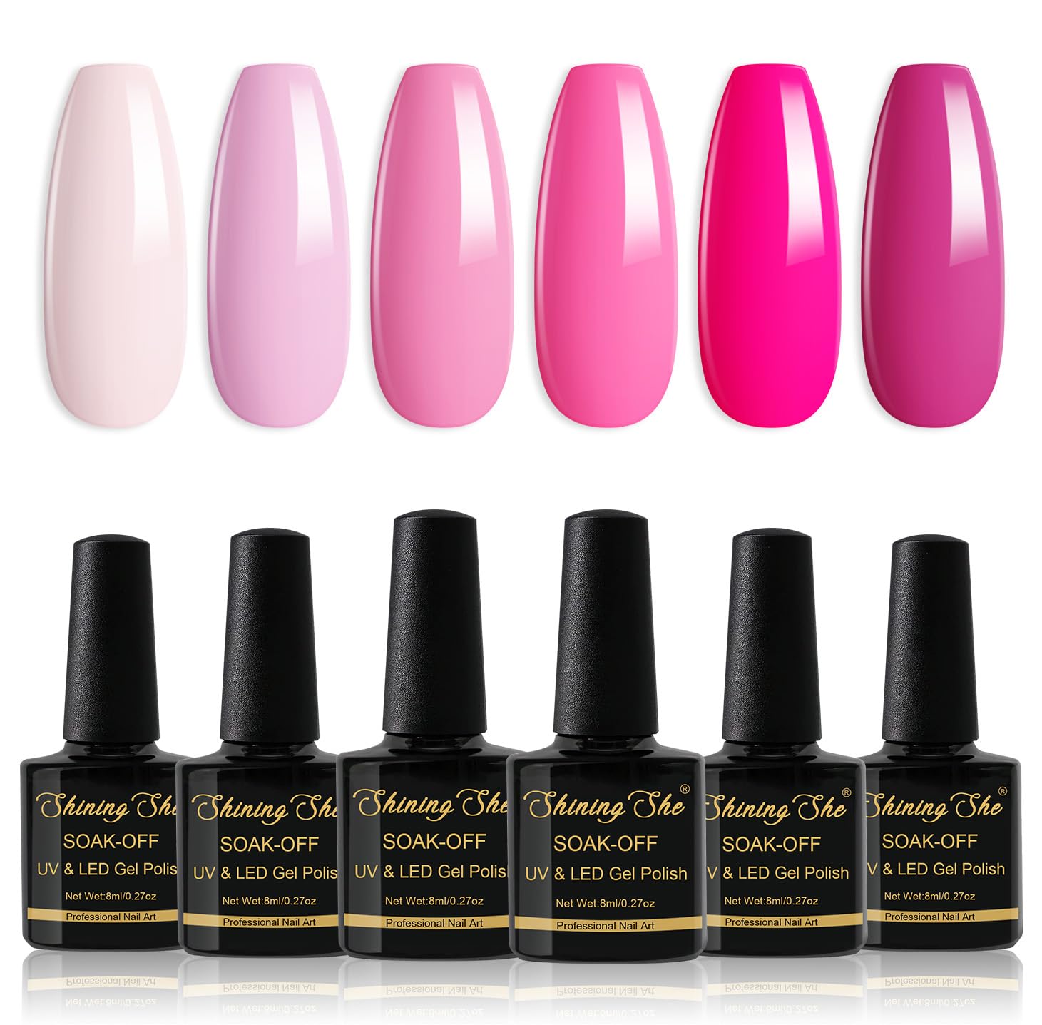 Shining She 6 Colors Pink Rose Gel Nail Polish Set - Soak Off UV LED Nail Polish Kit for DIY Home & Salon Nail Art (8ML) | Perfect for Valentine's Day, Bridal, Party & Everyday Manicures