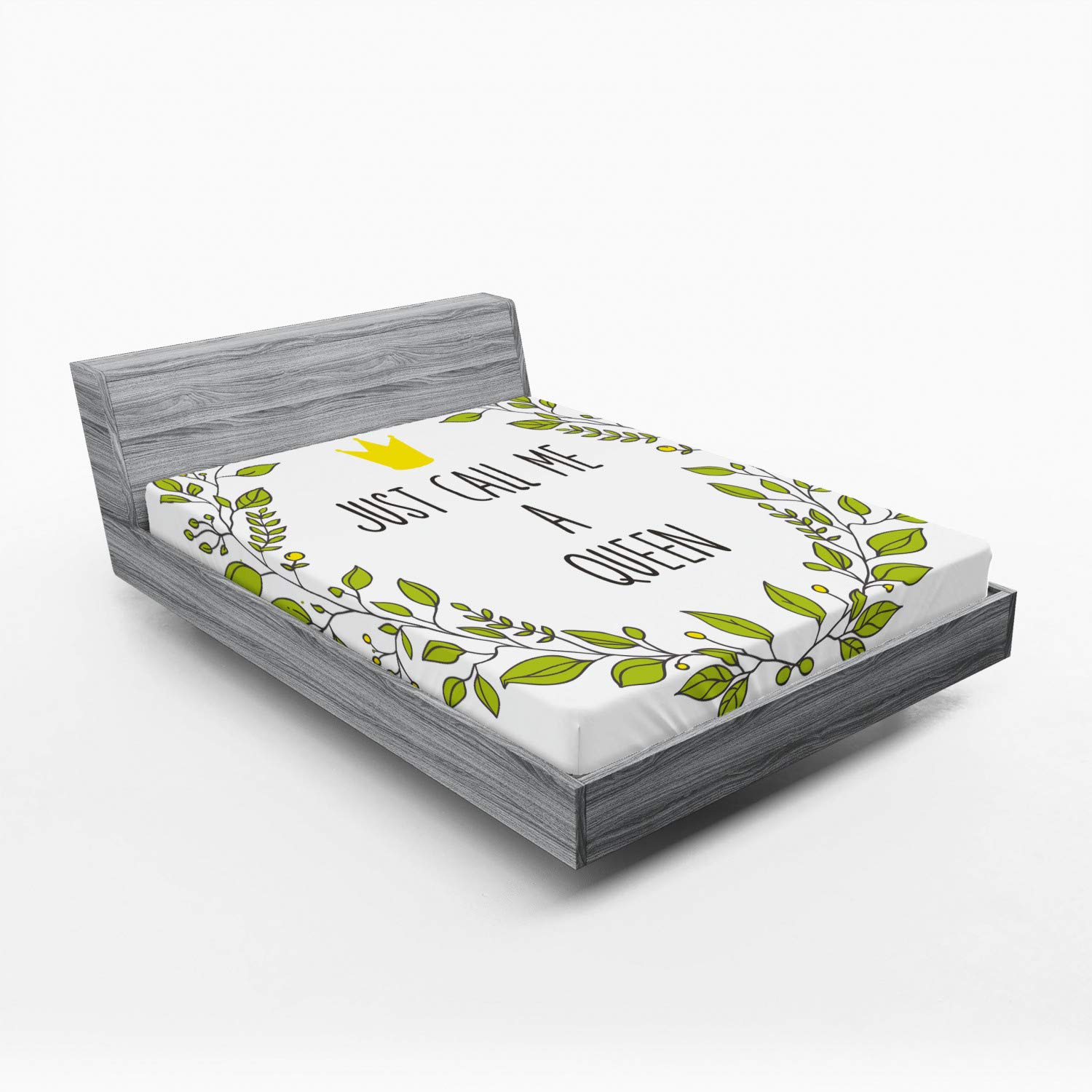 Ambesonne Queen Fitted Sheet - Wreath Branches with 'Just Call Me Queen' Lettering & Crown Design, Deep Pocket All-Around Elastic Bed Cover, Queen Size in Grey Apple Green | Perfect for Guest Rooms, Master Bedrooms & Luxury Hotel Stays