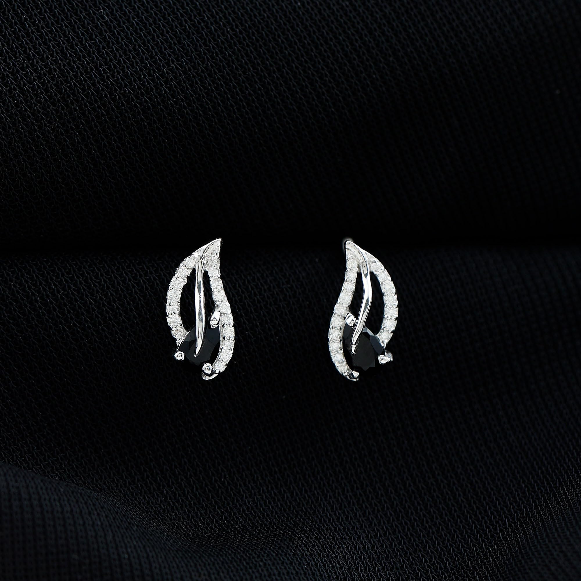 Natural Black Onyx Stud Earrings with Moissanite | AAA Quality Leaf Screw Back Earrings | Hypoallergenic Jewelry | Perfect Gift for Women, Birthday, Anniversary | Everyday Wear & Special Occasions