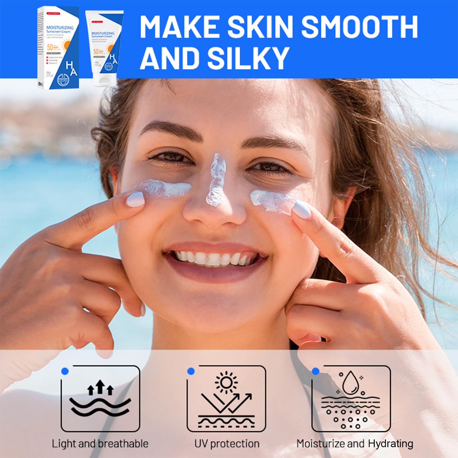 Hyaluronic Acid SPF 50 Sunscreen Lotion for Face & Body - Water Resistant, Hydrating Moisturizer with Broad Spectrum Protection | Daily Use, Outdoor Activities, Beach & Swimming