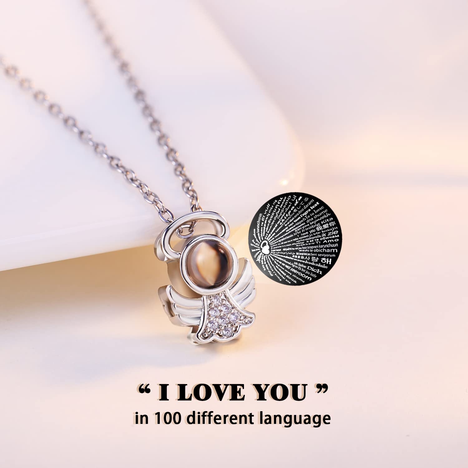 ANWEAO Preserved Real Rose Glass Angel Figurine with 'I Love You' Necklace in 100 Languages - Unique Birthday Gift for Mom, Valentine's Day Present for Women, Thoughtful Flower Gift for Grandma - Perfect for Home Decor, Anniversary Surprise & Special Occasion Keepsake