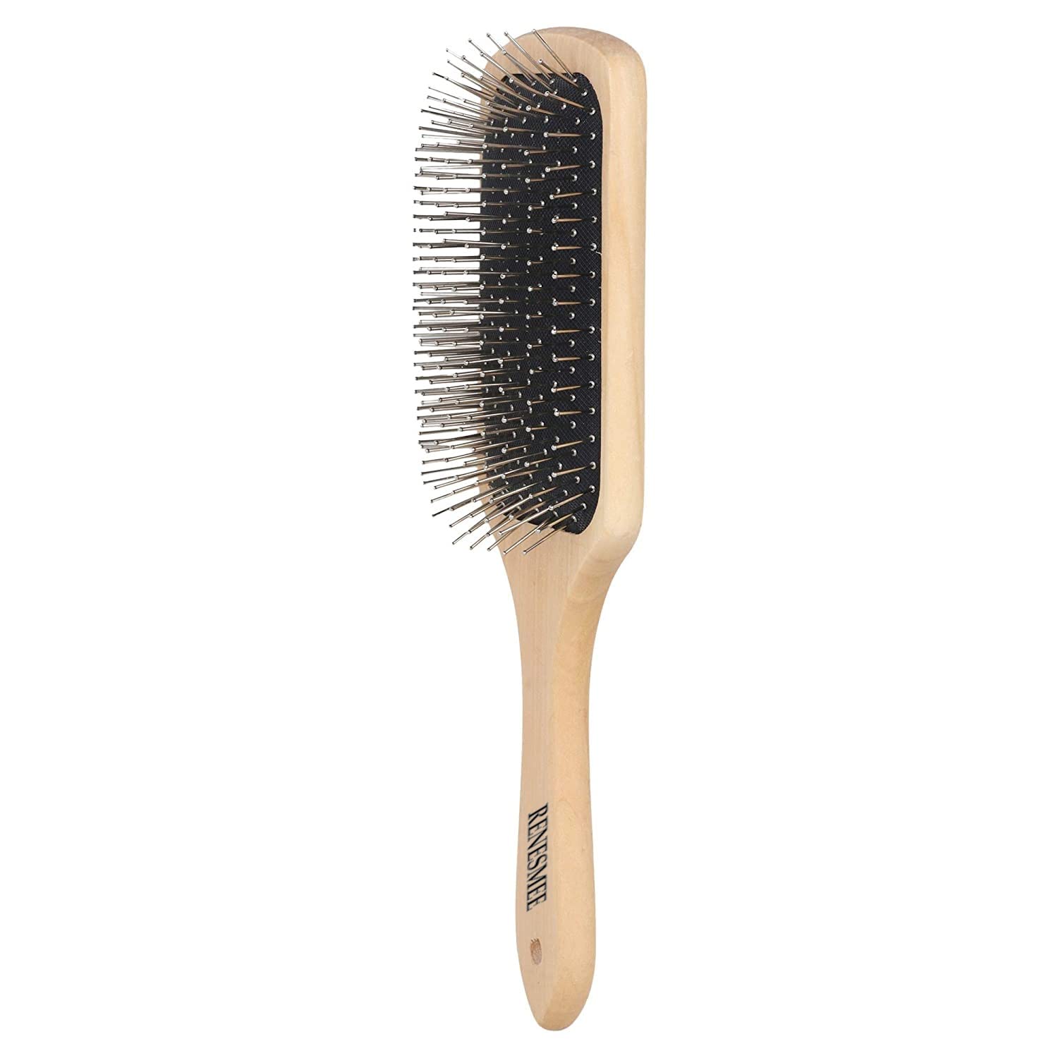 RENESMEE Metal Pin Bristle Hair Brush - Detangling & Anti-Static Paddle Brush with Rounded Steel Bristles - Ergonomic Wooden Handle for Scalp Massage - Perfect for Normal, Curly, Thick Hair & Wigs - Salon & Home Hair Care Essential