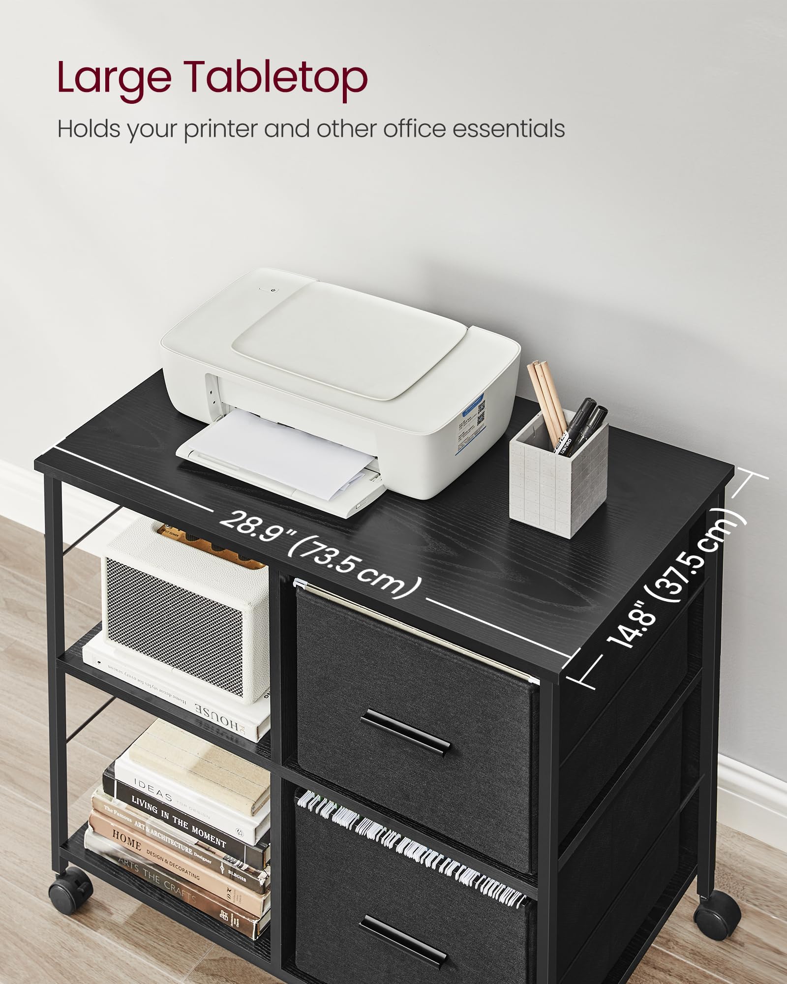 VASAGLE 2-Drawer File Cabinet with Bookcase & Cube Storage Shelf - Printer Stand for A4 & Letter-Size Files - Hanging File Folders Organizer - Home Office Furniture in Ebony Black UOFC057B56 - Perfect for Small Spaces & Workspace Organization