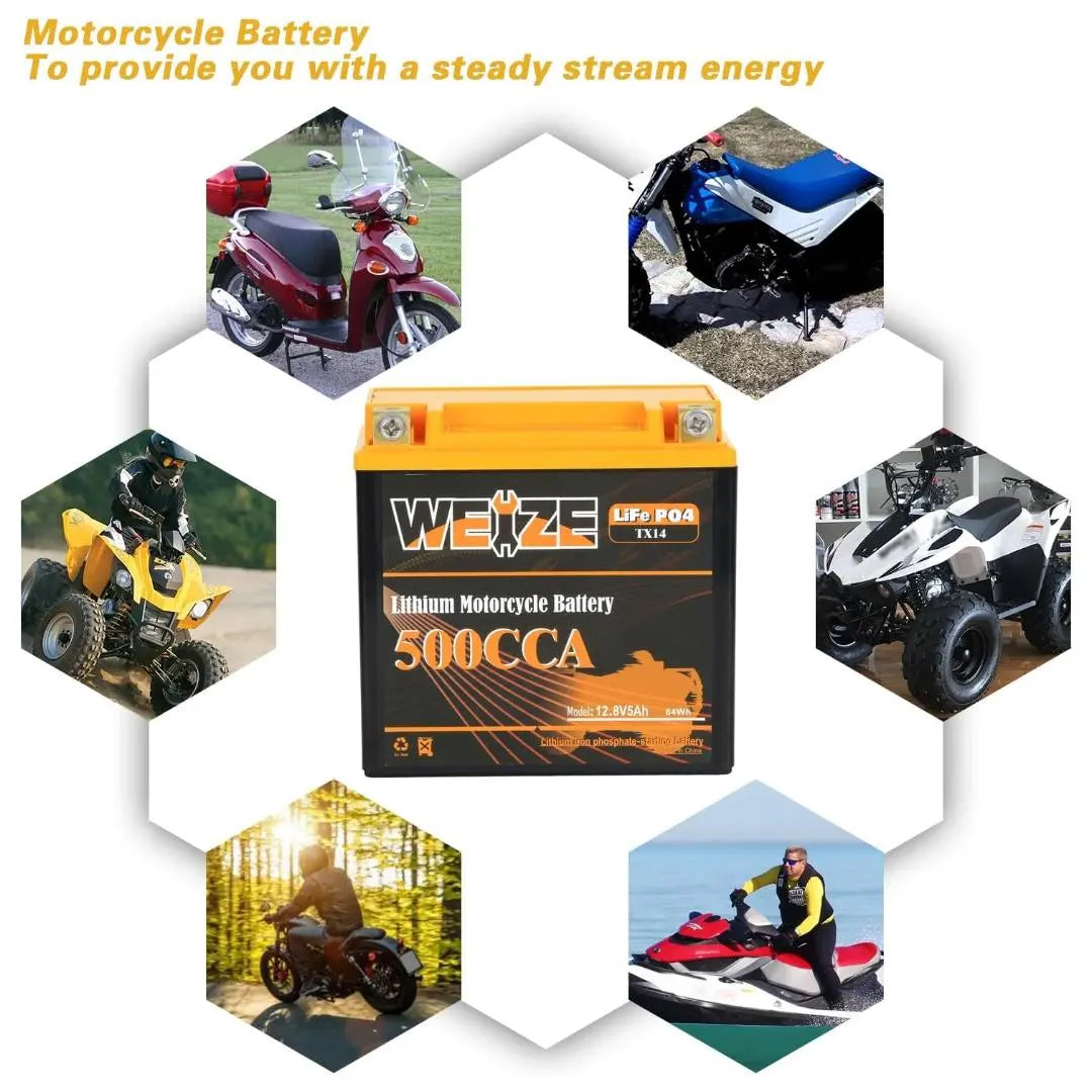 WEIZE 12V 5AH Lithium Group 14 LiFePO4 Motorcycle Battery - 500CCA High Performance, Lightweight & Long Lasting - Perfect for Harley, Honda, Yamaha & Other Motorcycles, ATVs, Scooters & Powersports Vehicles