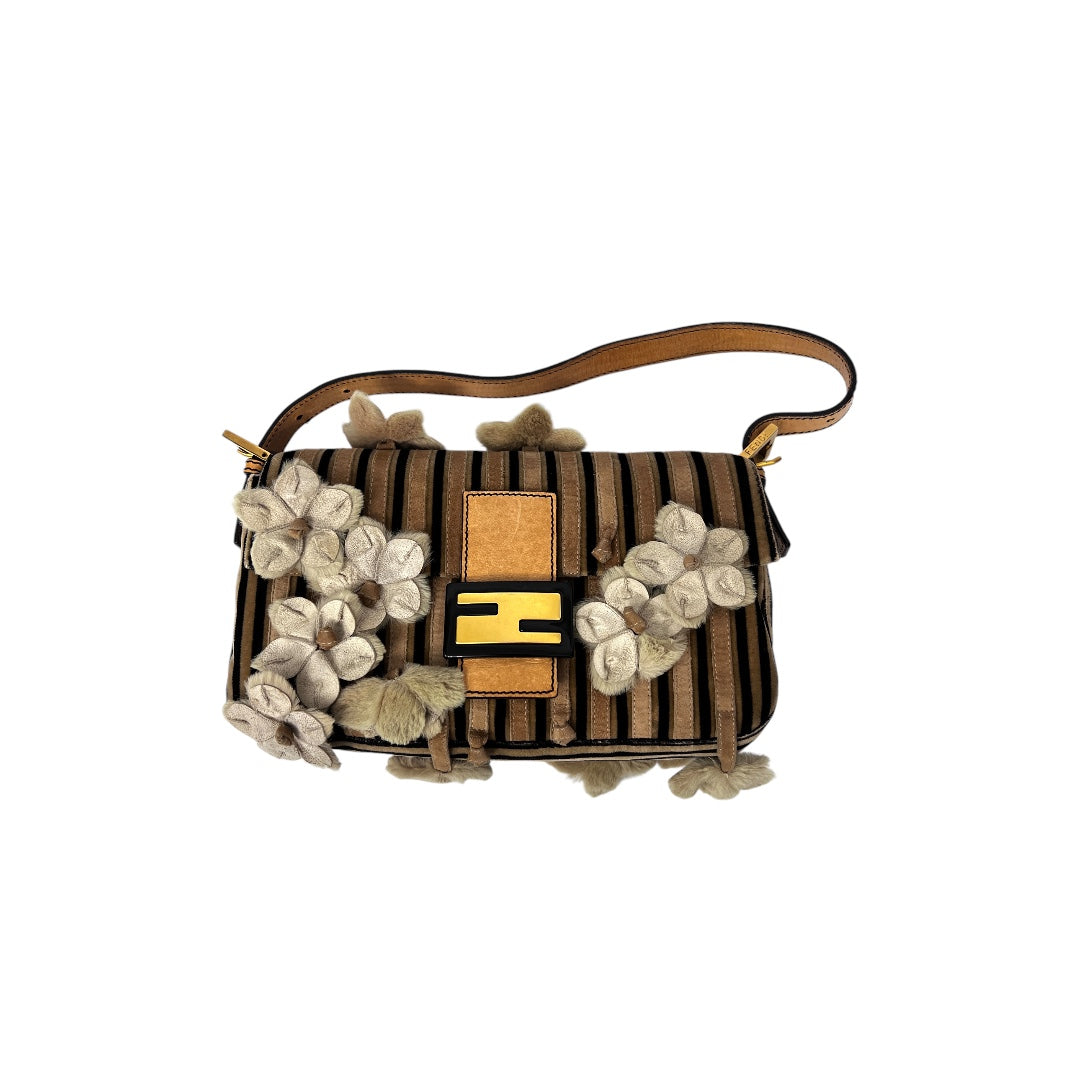 Fendi Velvet 3D Flowers Strip Baguette Bag - Luxury Designer Crossbody Purse for Women, Perfect for Parties, Weddings & Evening Events