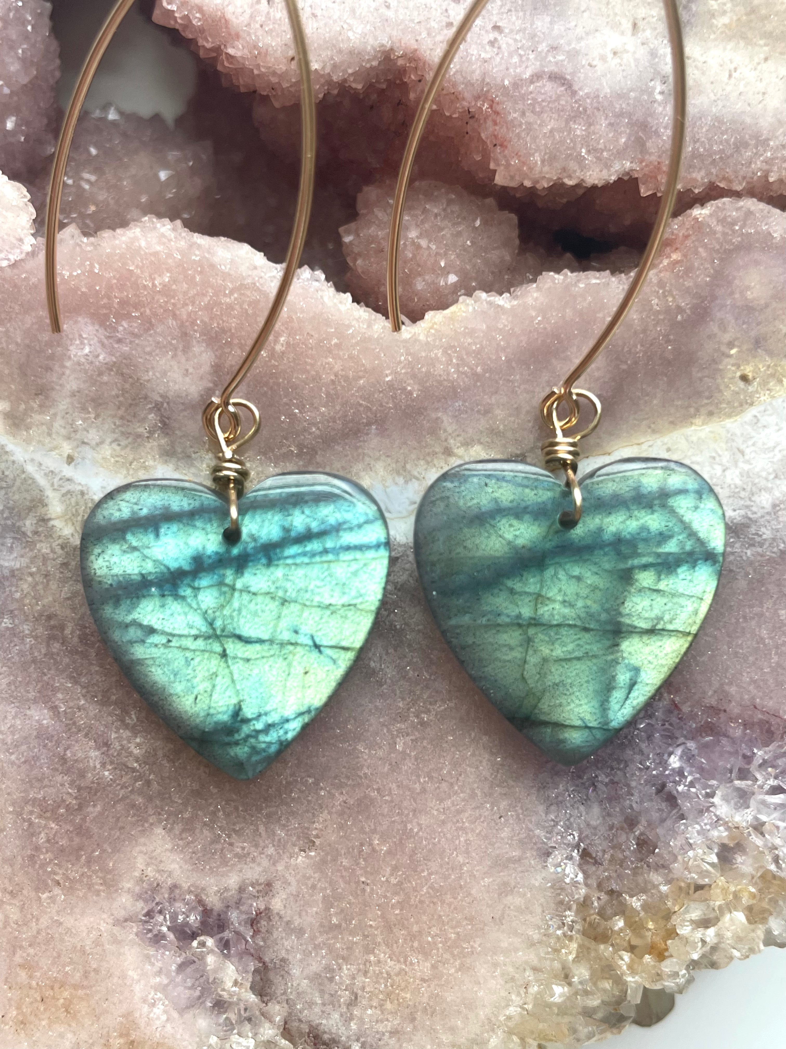 Statement Gold Labradorite Heart Dangle Drop Crystal Earrings for Women | Elegant Bohemian Jewelry for Party, Wedding & Special Occasions