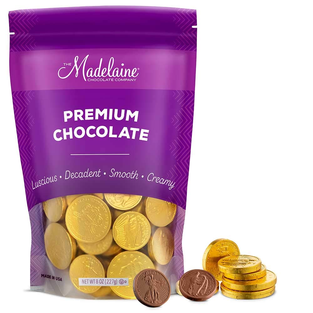 Premium Madelaine Gold Chocolate Coins - St. Patrick's Day Milk Chocolate Candy in Gold Foil - Lucky Party Favors & Gift (1/2 LB, Assorted Sizes) - Perfect for Holiday Celebrations, Birthday Parties & Festive Treats
