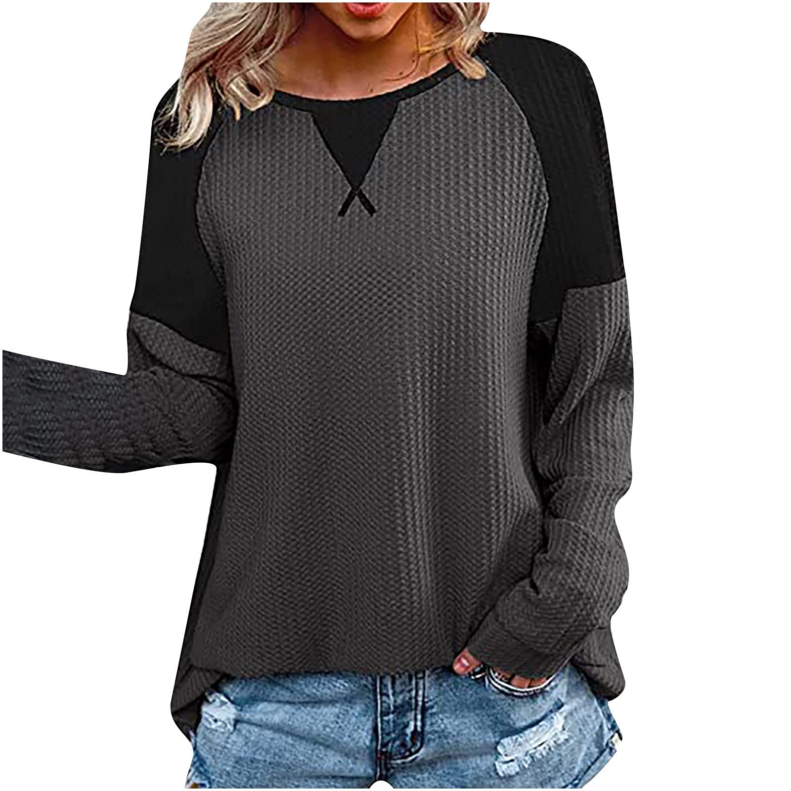 Women's Winter Waffle Knit T-Shirt - Casual Round Neck Long Sleeve Patchwork Pullover Sweater | Soft & Loose Fit for Everyday Wear, Layering & Cold Weather Outfits