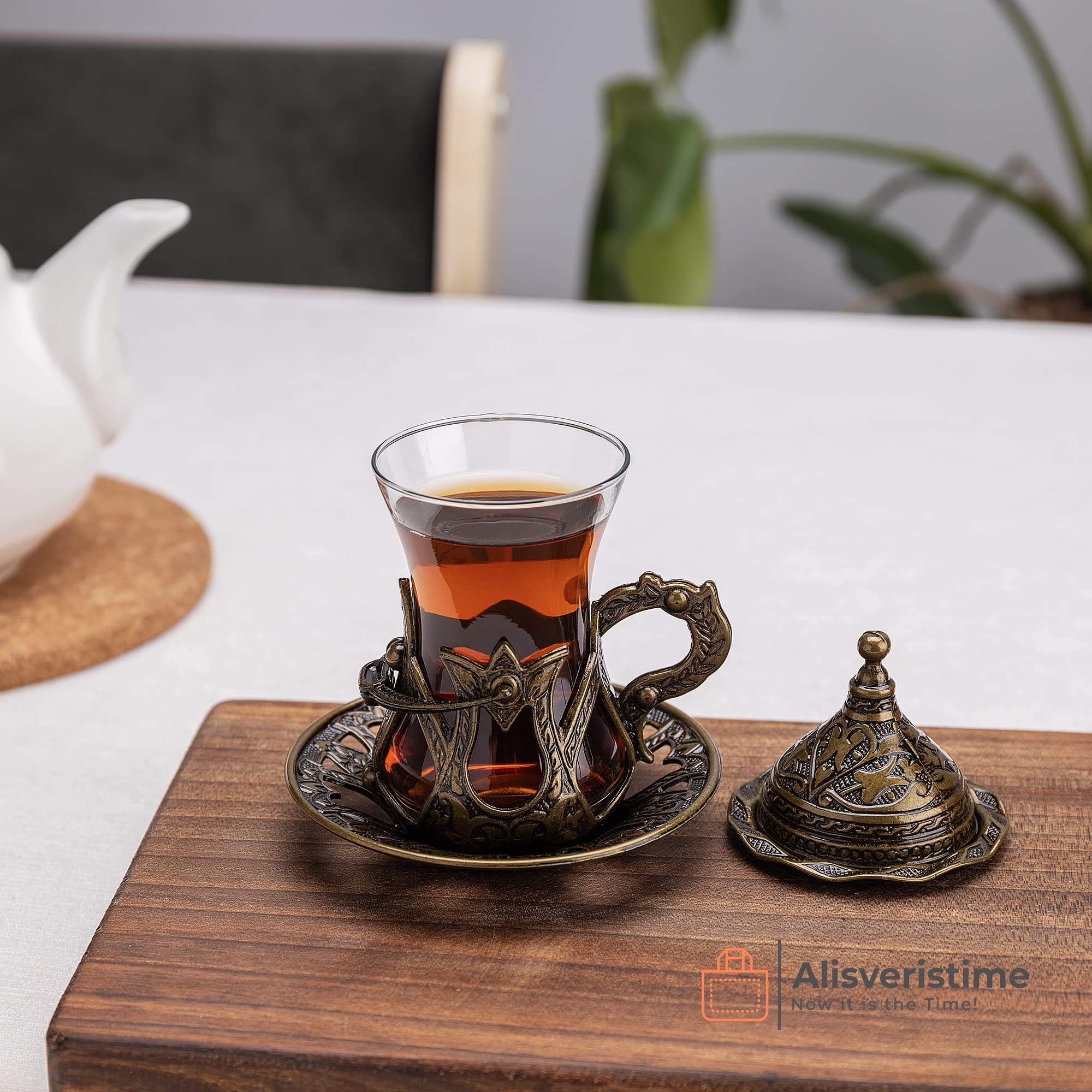 Handmade Turkish Tea Set - Authentic Green Zamzam Serving Glasses with Saucer, Tray and Spoon - Perfect for Traditional Tea Ceremonies, Home Decor & Gift Giving