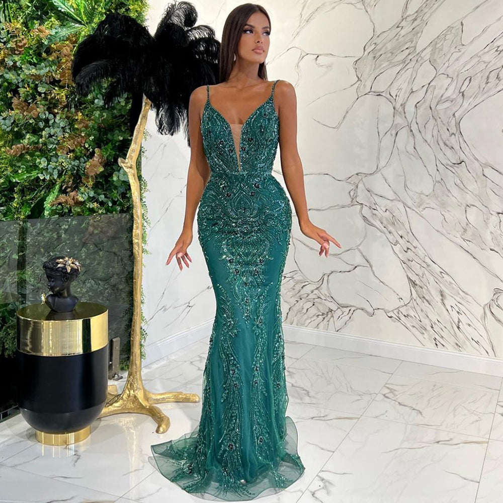 Elegant Beaded Mermaid Evening Gown with Detachable Skirt & Spaghetti Straps - Luxury Green Prom Dress for Women - Perfect for Parties, Galas & Formal Events