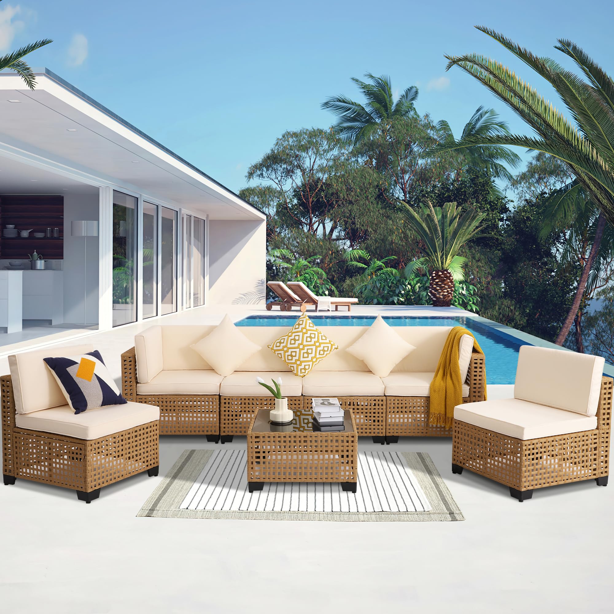 7-Piece Outdoor Patio Furniture Set with Rattan Chairs, Glass Table & Wicker Sectional Sofa - Waterproof Cushions Included (Yellow & White) - Perfect for Backyard, Garden & Poolside Relaxation