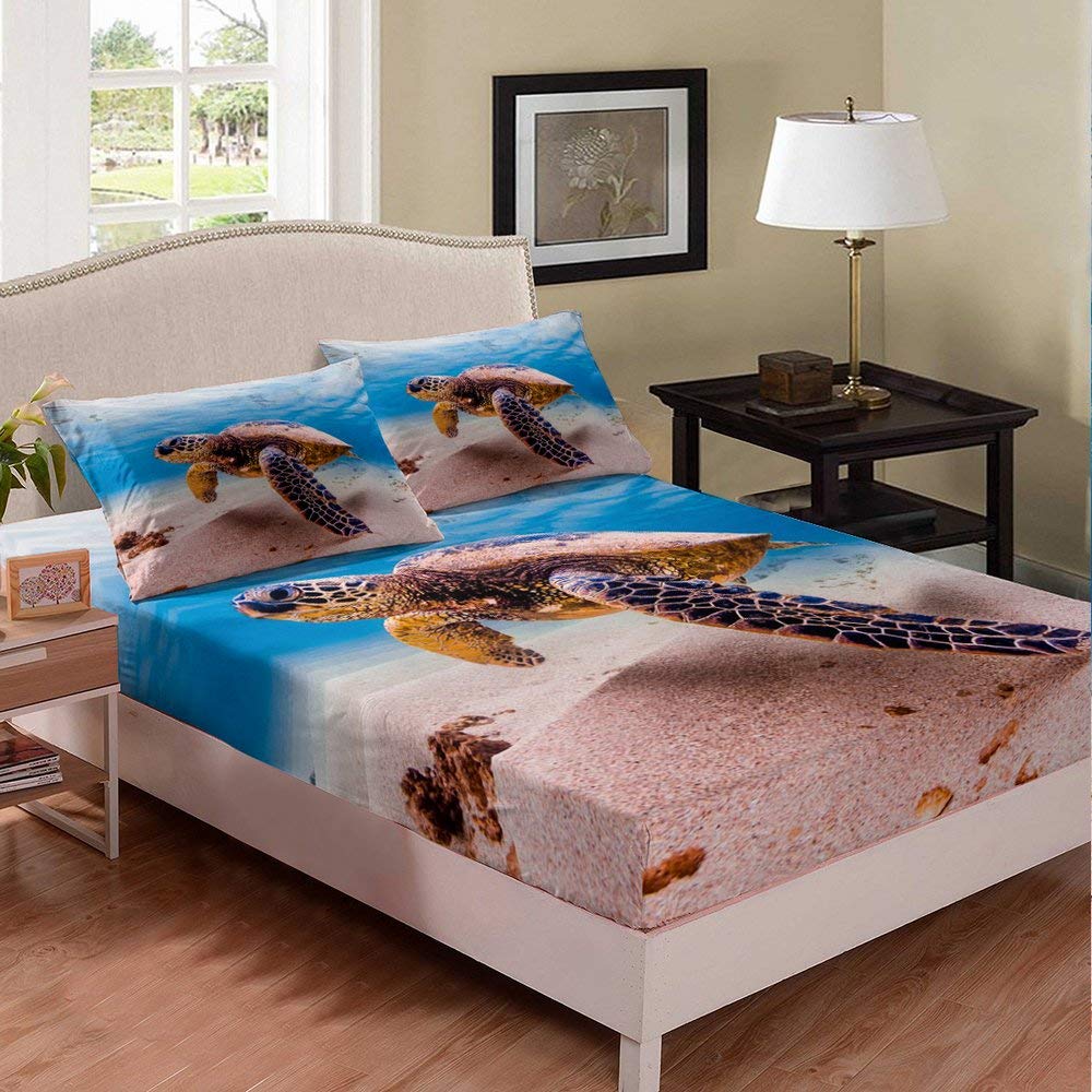 Turtle Ocean Bed Sheet Set for Kids - Full Size Mediterranean Retro Bedding with Reptile & Beach Chic Design - 3 Piece Decorative Bed Cover Set for Boys & Girls | Perfect for Coastal Themed Bedrooms & Vacation Homes