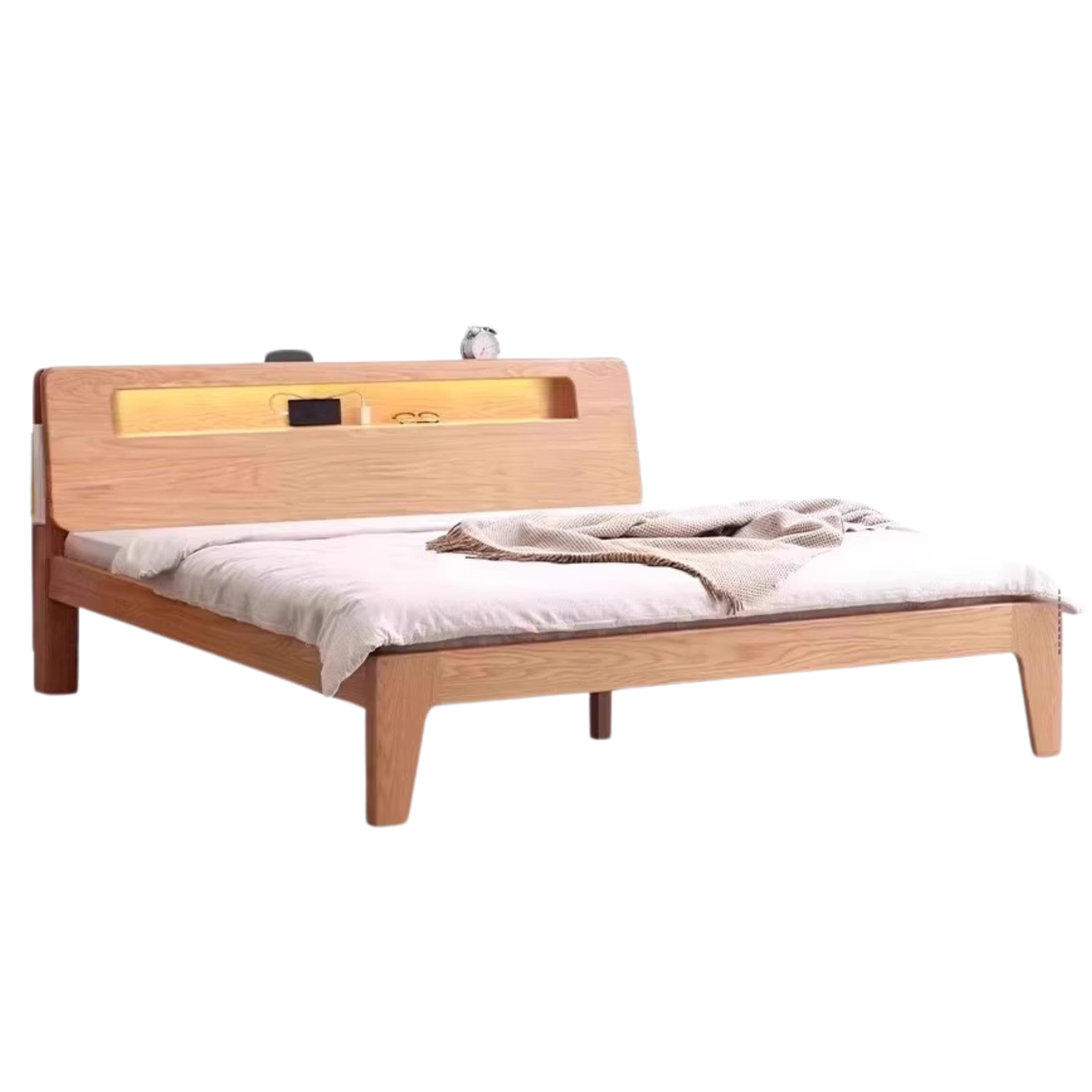 Solid Oak and Beech Wood Bed with Built-in LED Lights and Bookshelf - Modern Bedroom Furniture for Small Spaces, Lofts, and Studio Apartments
