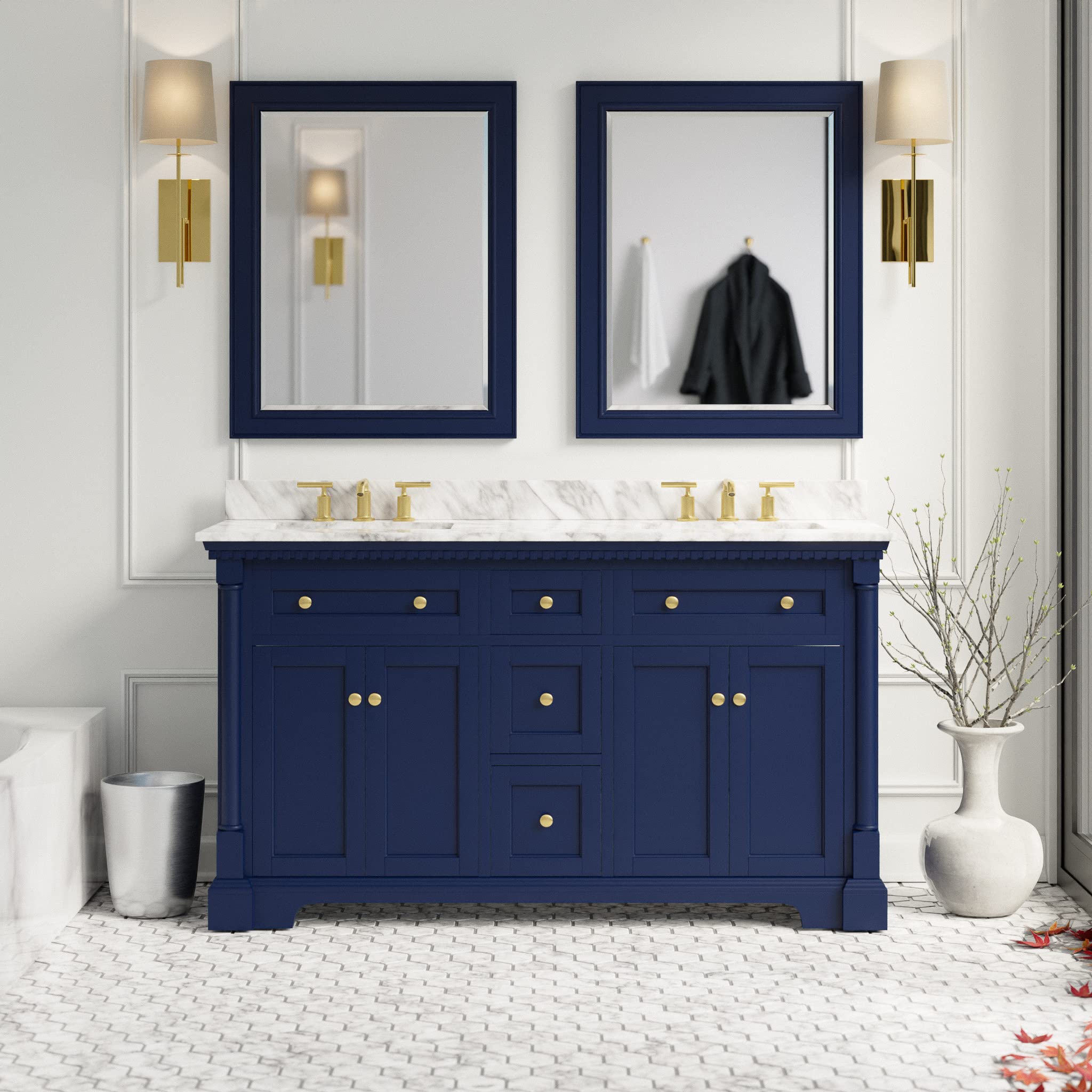 60-Inch Double Bathroom Vanity with Carrara Marble & Royal Blue Cabinet - Includes White Ceramic Sinks | Modern Bathroom Furniture for Master Bath, Guest Bath & Powder Room | Durable Italian Marble Countertop & Spacious Storage