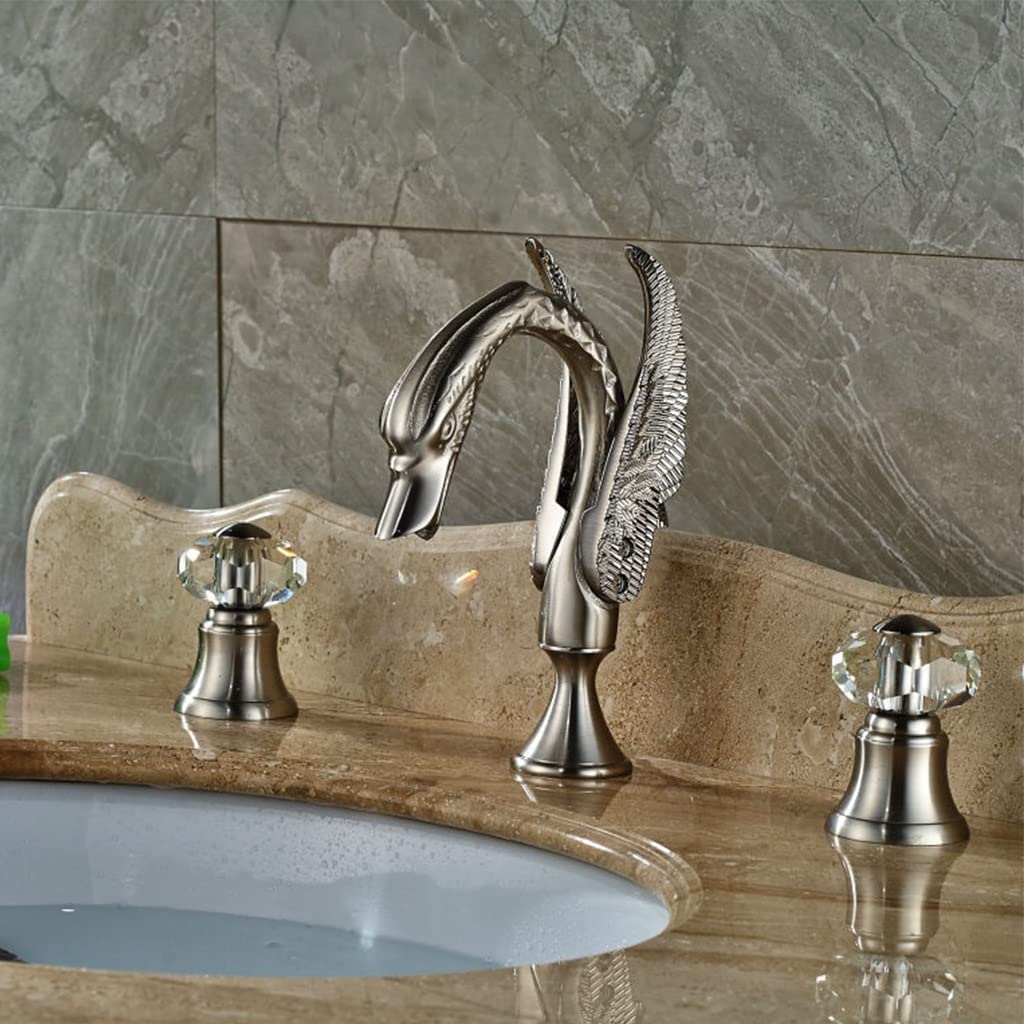 KORP Single Handle Bathroom Sink Faucet - Swan Shape Basin Mixer Tap with Crystal Handles for Hot & Cold Water, Brushed Nickel Finish (3-Hole Installation) - Perfect for Modern Bathroom Vanities and Powder Rooms