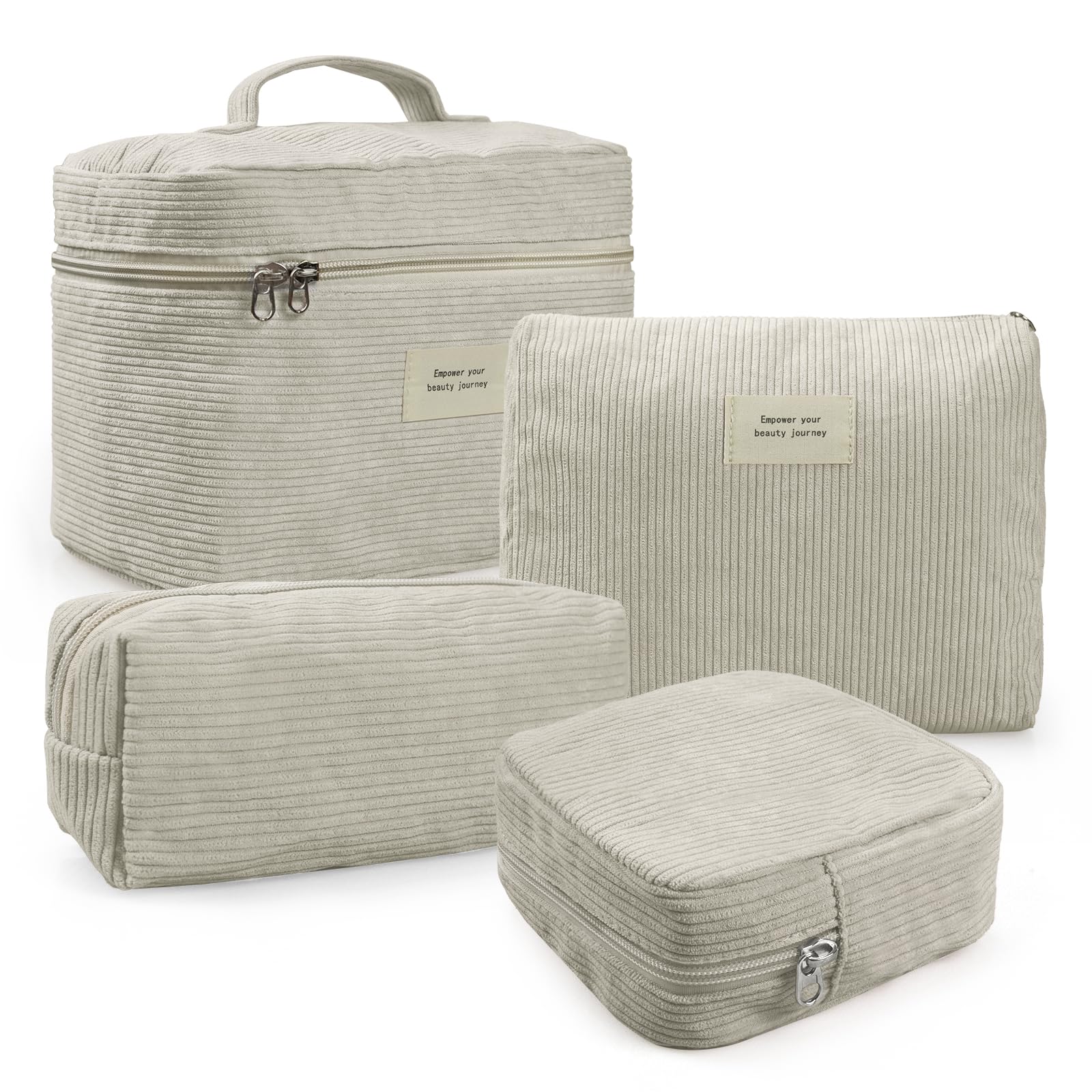 4 Pcs Corduroy Makeup Bags for Women - Aesthetic Cute Cosmetic Organizer Set with Zipper, Multi-Size Travel Toiletry Pouches (Beige) | Perfect for Travel, Gym, and Daily Beauty Essentials Storage