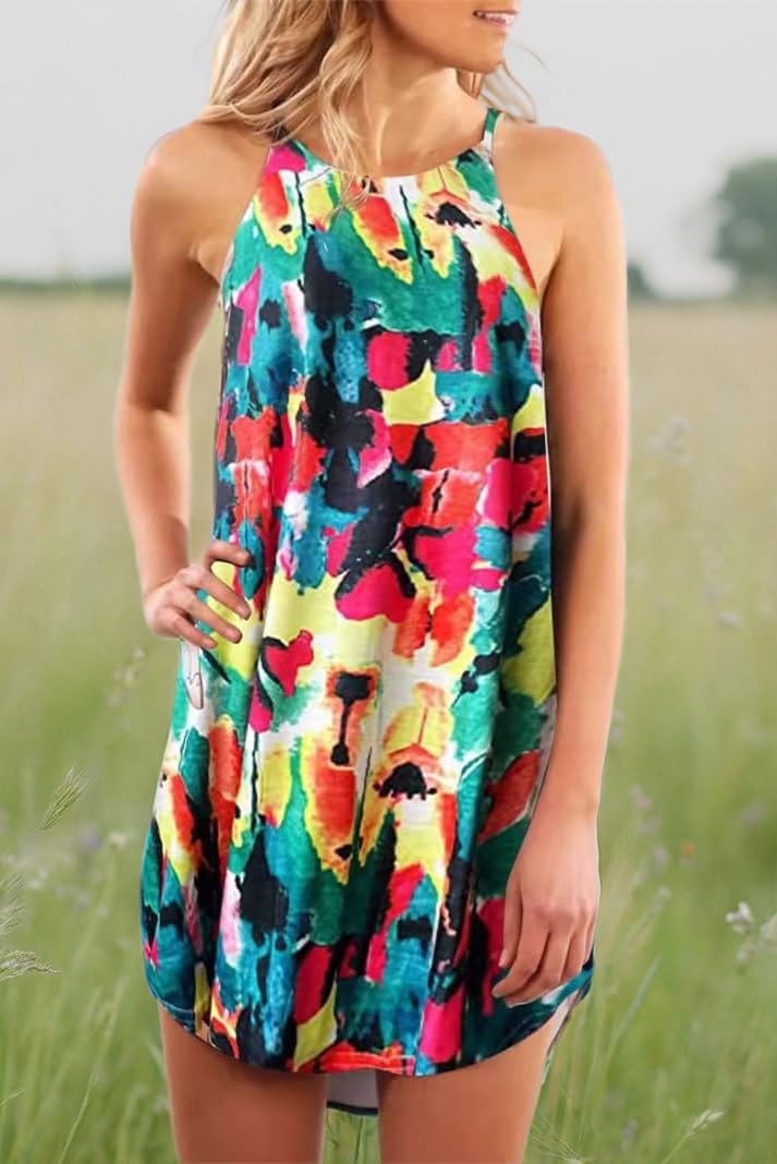 Fronage Women's Floral Sleeveless Mini Dress - Summer Beach Halter Neck Casual Dress for Vacation, Pool Party & Outdoor Date Night