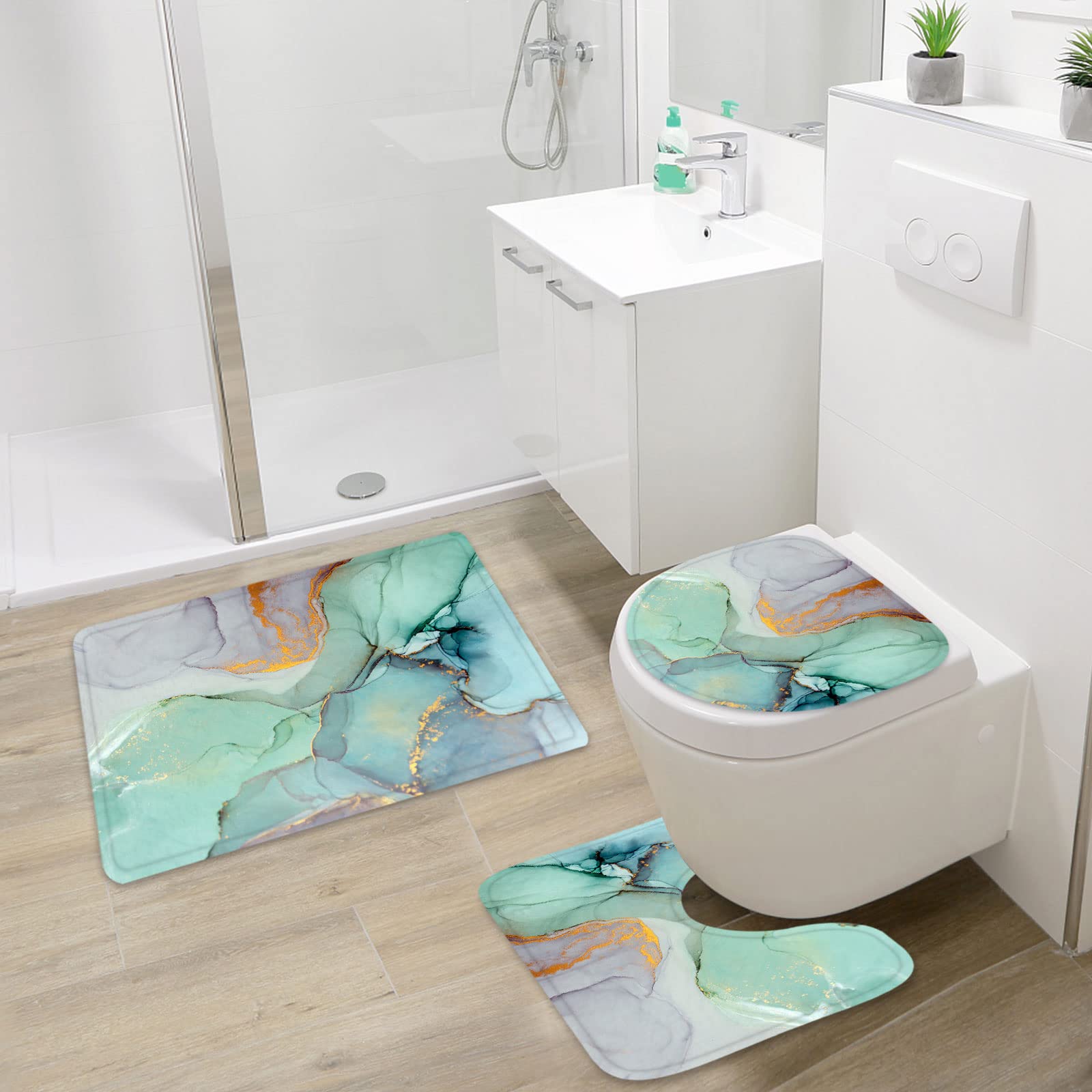 Gibelle 4-Piece Shower Curtain Set with Non-Slip Bath Rugs, Toilet Lid Cover & Bath Mat - Green Marble Bathroom Decor for Modern Homes | Perfect for Bathroom Makeovers & Spa-Like Retreats