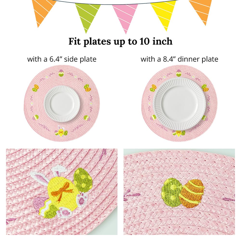 Round Easter Placemats Set of 4 - Pink Bunny Table Mats for Dining, Spring Decor, Easter Egg Design - Perfect for Holiday Parties, Family Gatherings & Seasonal Home Decor