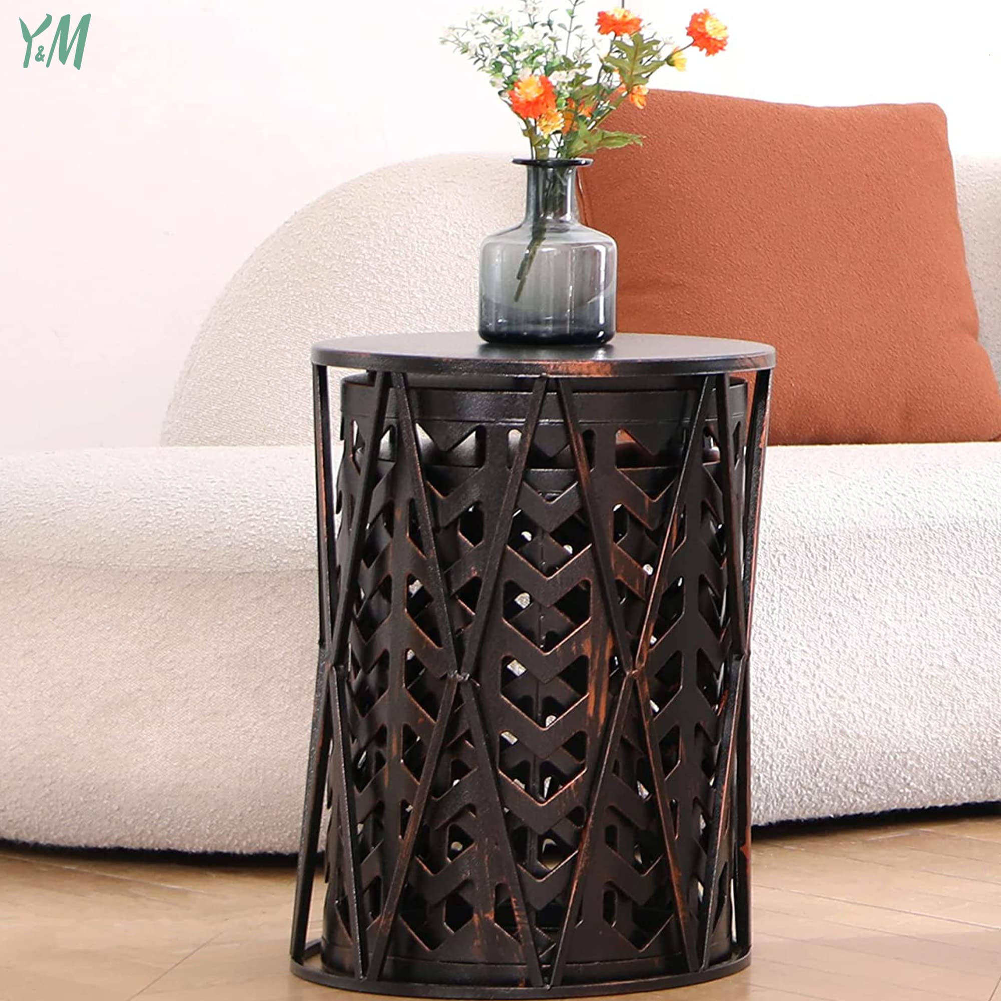 Y&M Set of 3 Heavy-Duty Round End Tables - Indoor Side Tables & Coffee Tables, Outdoor Garden Stools & Plant Stands - Retro Black with Bronze Finish (US Shipping) | Perfect for Living Room, Patio & Home Decor