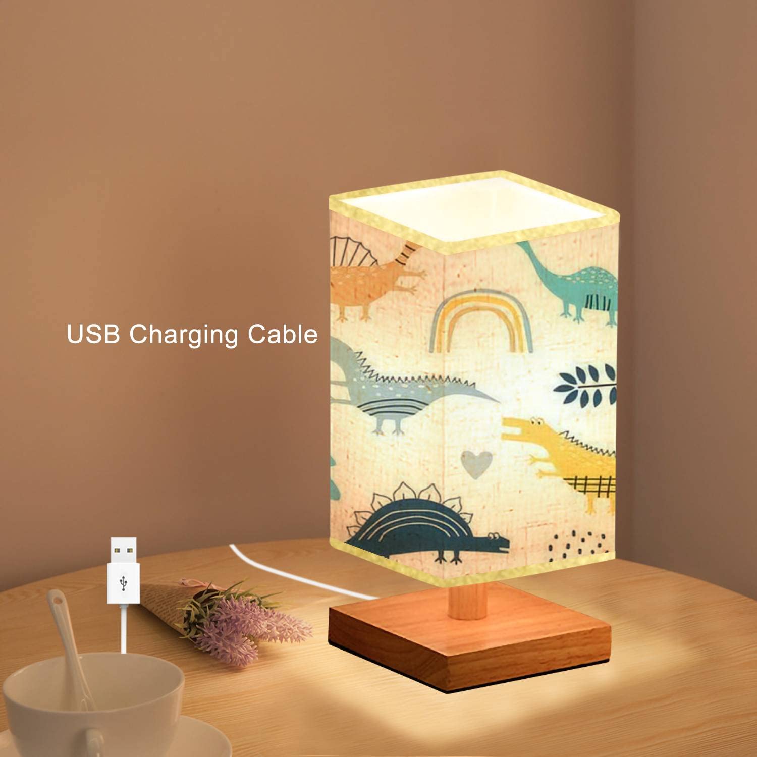Dimmable Square Bedside Table Lamp with Wooden Dinosaur Base & Flaxen Fabric Shade - Scandinavian Design Nightstand Lamp for Bedroom, Living Room, Office | Perfect Reading Light & Cozy Atmosphere Creator