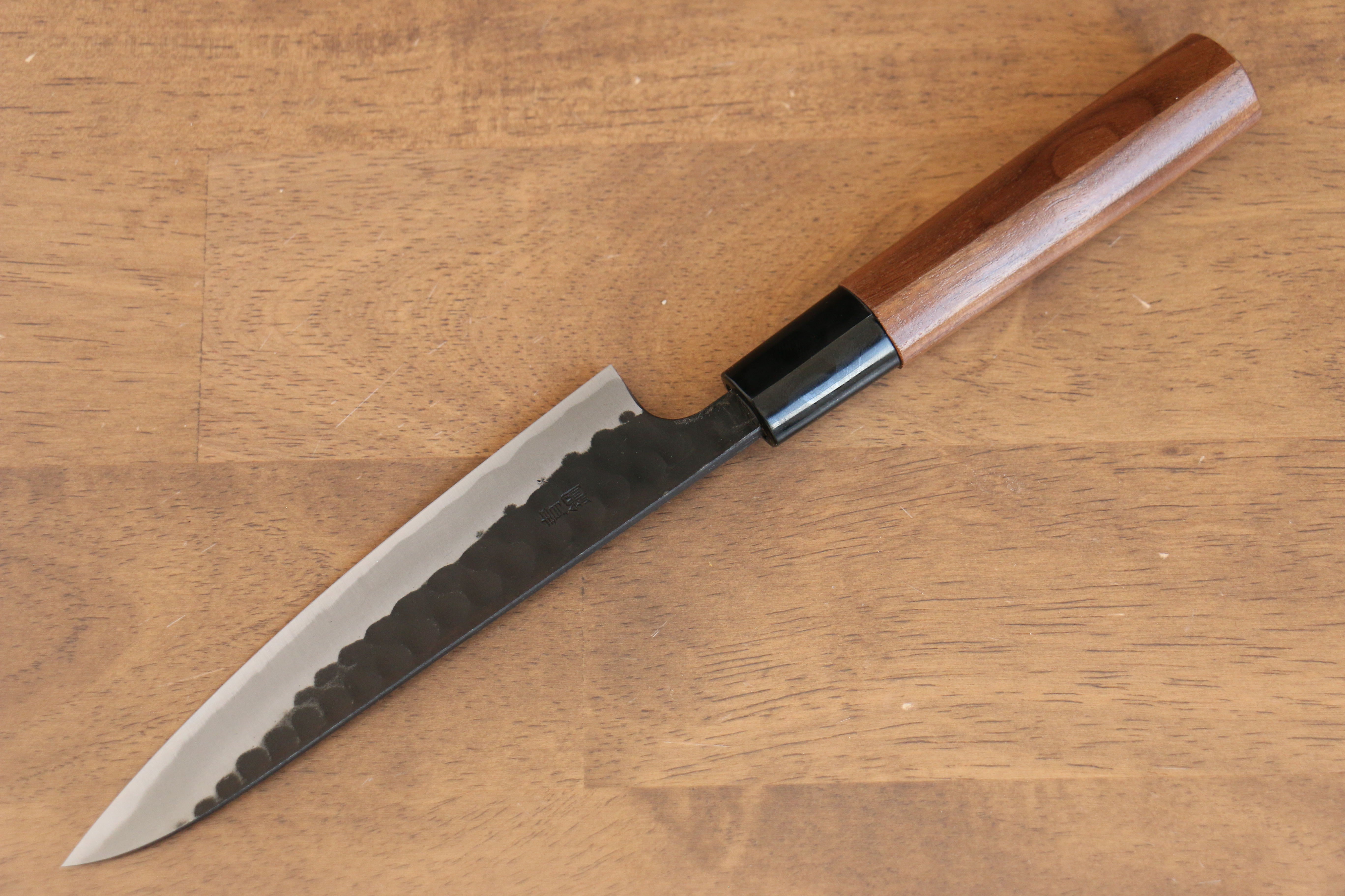 Premium Nao Yamamoto Blue Steel Kurouchi Hammered Petty Knife 140mm - Walnut Handle Japanese Utility Knife for Slicing, Chopping & Precision Kitchen Tasks
