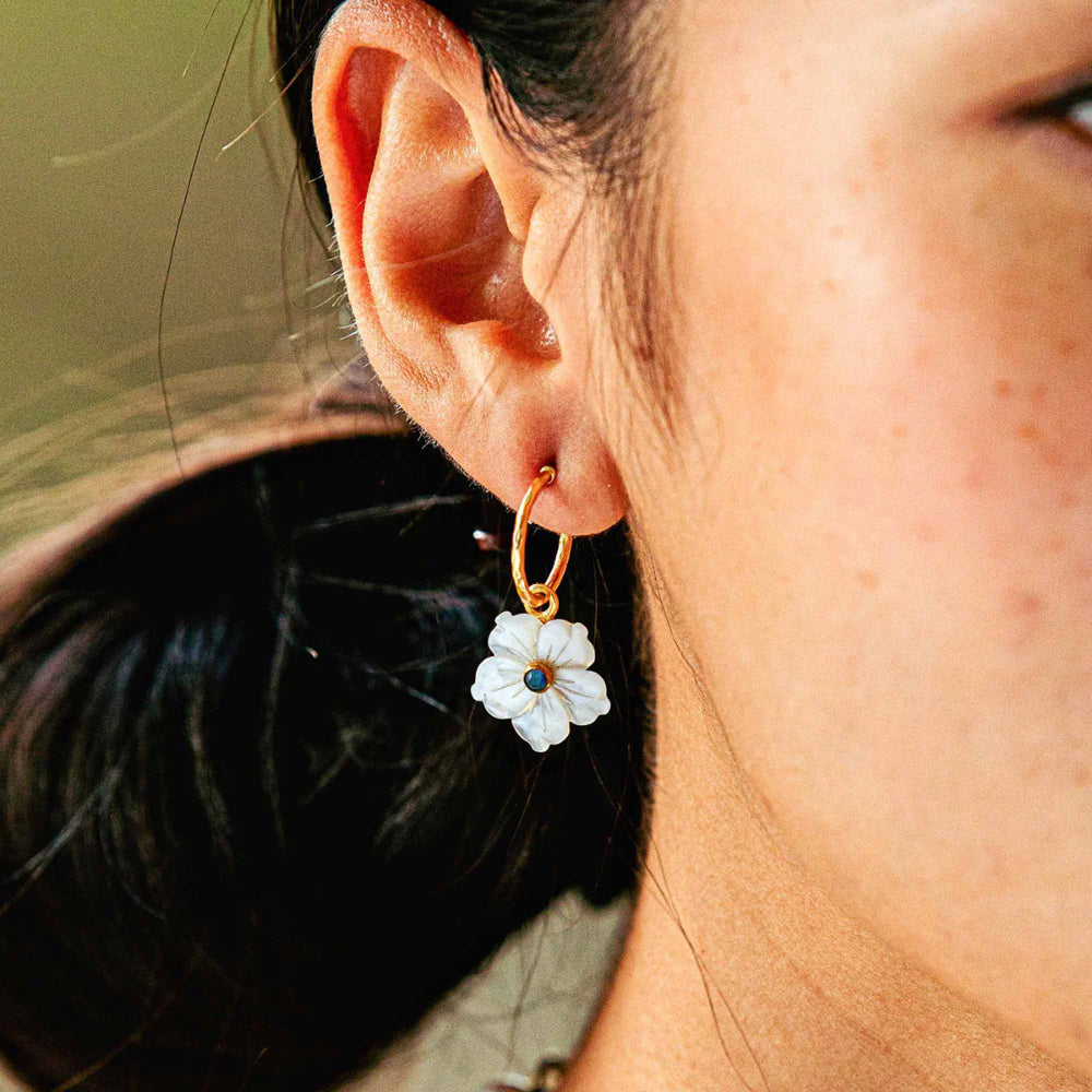 Capucine De Wulf Mermaid Garden Hoop Earrings with Flower Charm - Mother of Pearl Shell Jewelry for Women | Elegant Boho Style Earrings for Parties, Weddings & Everyday Wear