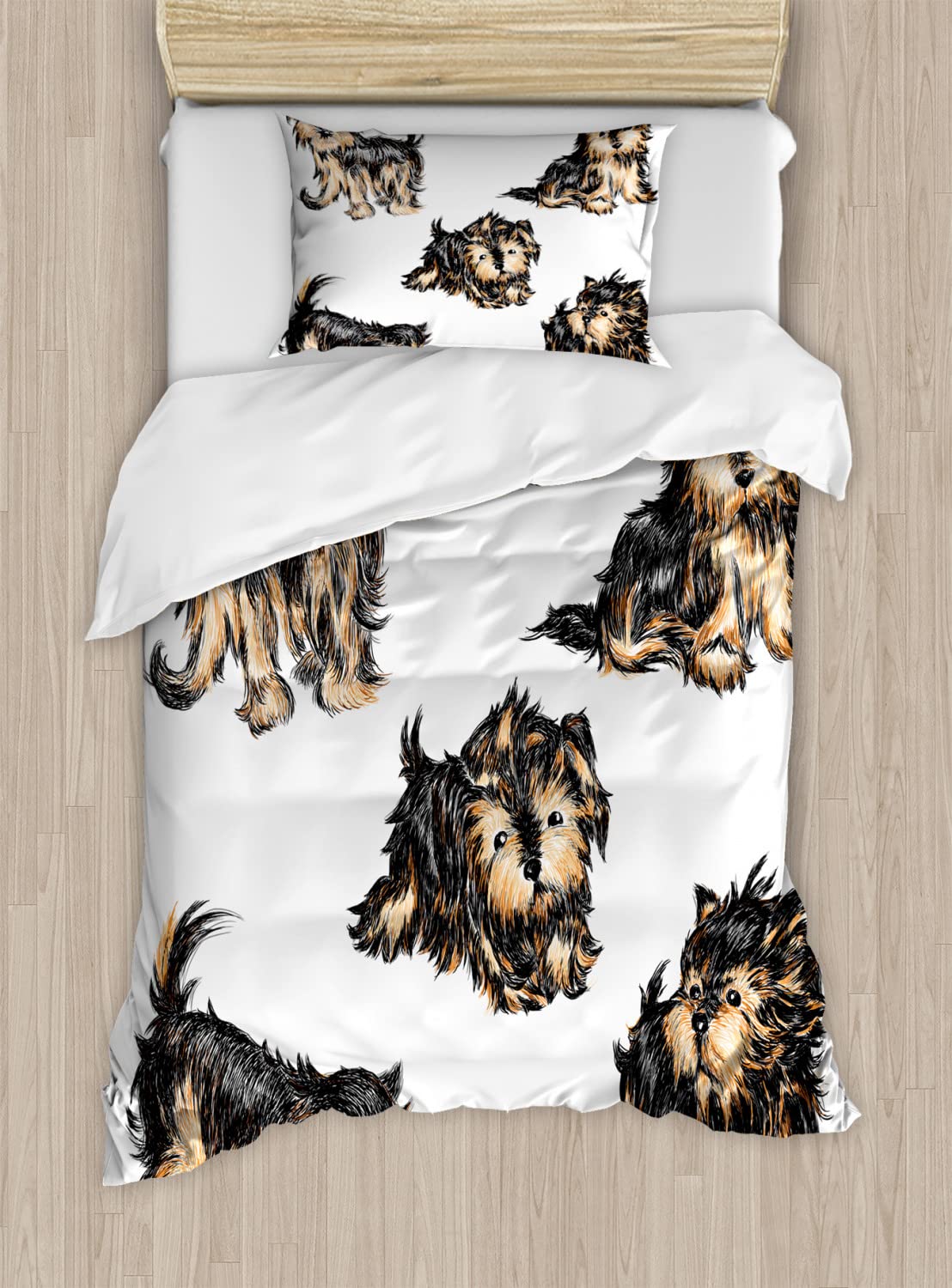 Ambesonne Yorkie Duvet Cover Set - Realistic Yorkshire Terrier Dog Design with 2 Duvet Covers & 2 Pillowcases, Twin Size Black & Cream - Perfect for Dog Lovers' Bedroom Decor and Gift Ideas