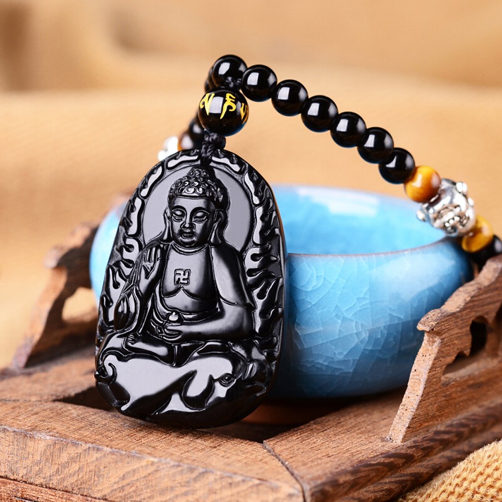 Natural Obsidian Pendant Necklace for Women & Men - Zodiac Bodhisattva Amulet Talisman in White Copper | Spiritual Protection & Fashion Jewelry for Daily Wear, Meditation & Gifts