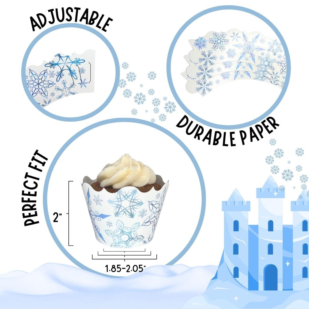 Frozen Snowflake Cupcake Wrappers (12 Pack) - Winter Wonderland Birthday Party Decorations, Blue Icicle Themed Party Supplies for Girls - Perfect for Winter Birthday Parties, Baby Showers & Christmas Celebrations