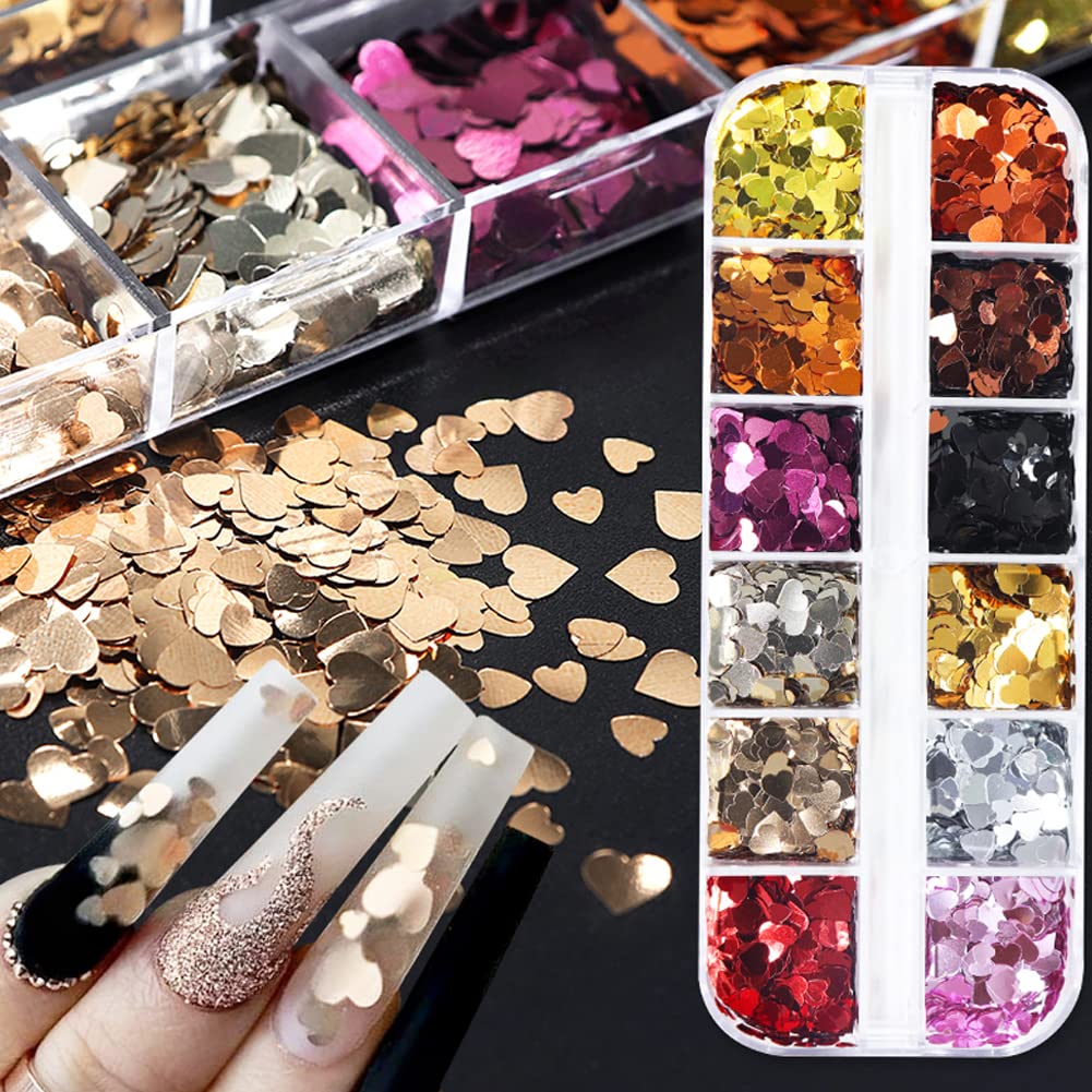 12 Grids Heart Nail Stickers - 3D Holographic Shiny Gold Nail Sequins for Women - Valentine's Day Manicure Decorations, DIY Nail Art Supplies for Party, Wedding, Date Night & Special Occasions