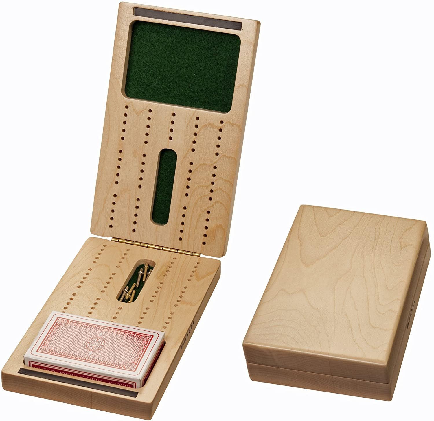 WE Games Solid Wood 2-Track Foldable Travel Cribbage Board Set with Storage - Includes Playing Cards & Metal Pegs - Portable Board Game for Adults & Families - 15 Inch Compact Size - Perfect for Camping, Road Trips & Game Nights