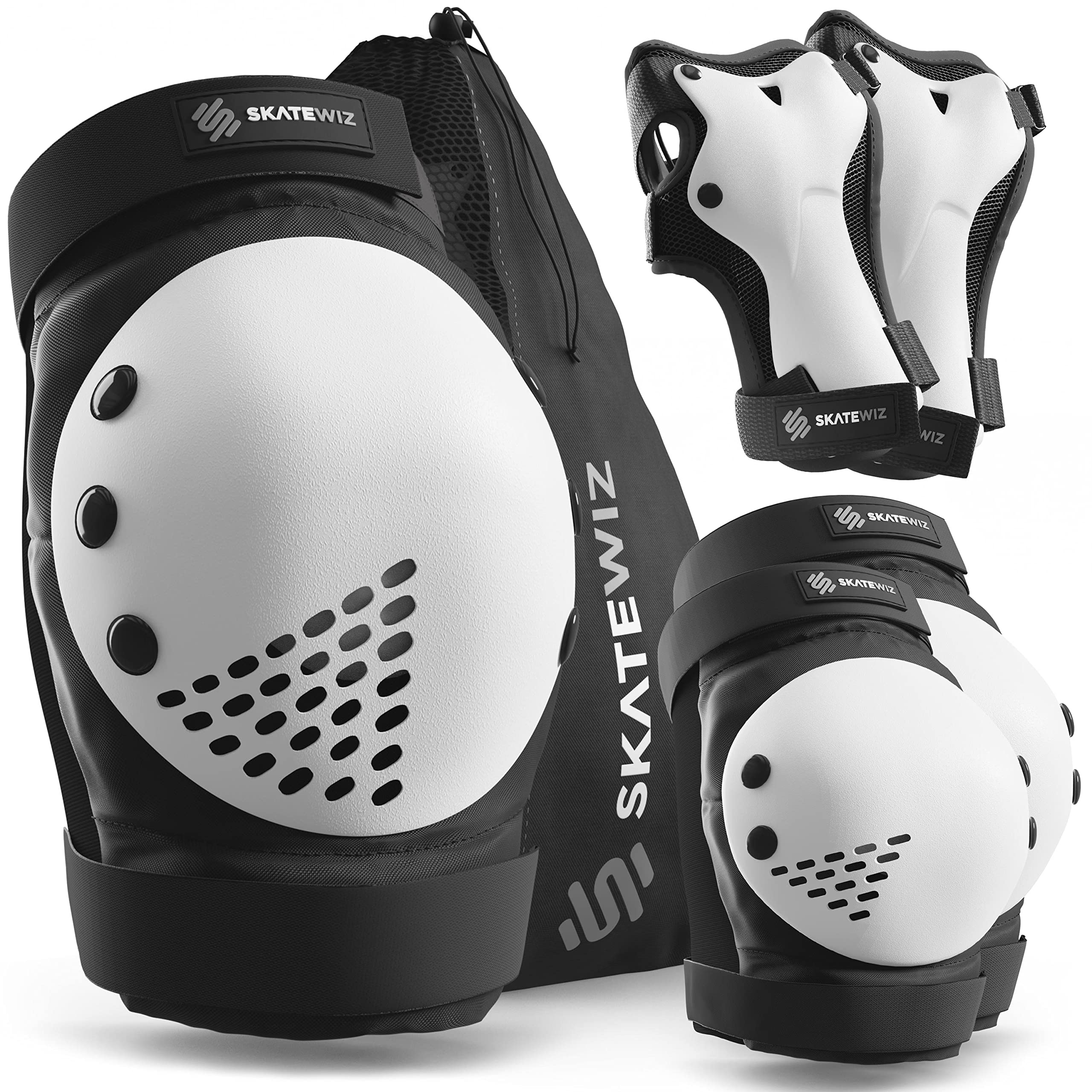 SKATEWIZ Kids & Adults Skateboard Protective Gear Set - 6pc Roller Skate Pads (Elbow Pads, Knee Pads, Wrist Guards) for Skateboarding, Roller Derby & Inline Skating - Impact Protection Safety Equipment for Beginners & Professionals
