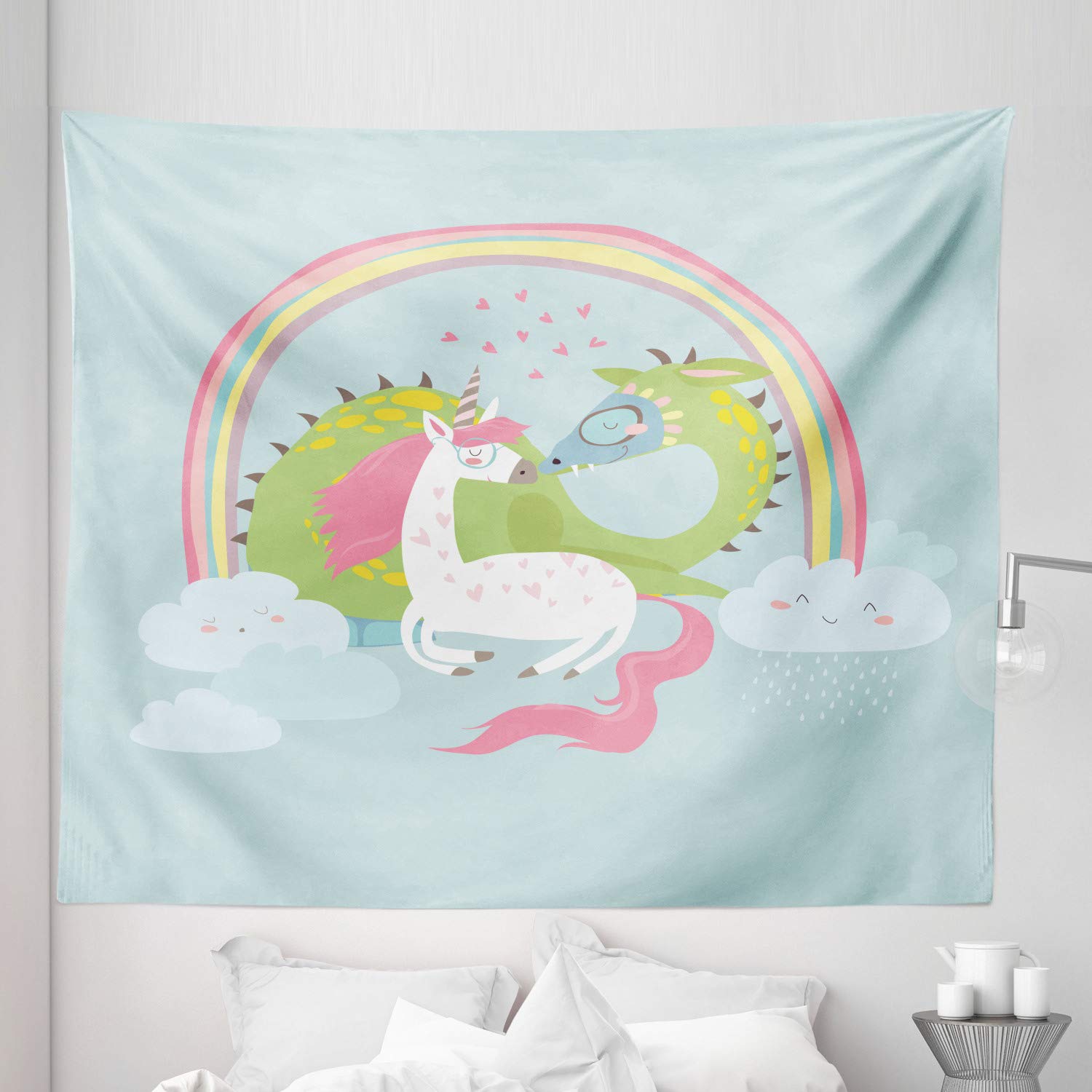 Ambesonne King Size Fantasy Tapestry - Dragon & Unicorn Romance Wall Hanging, 104