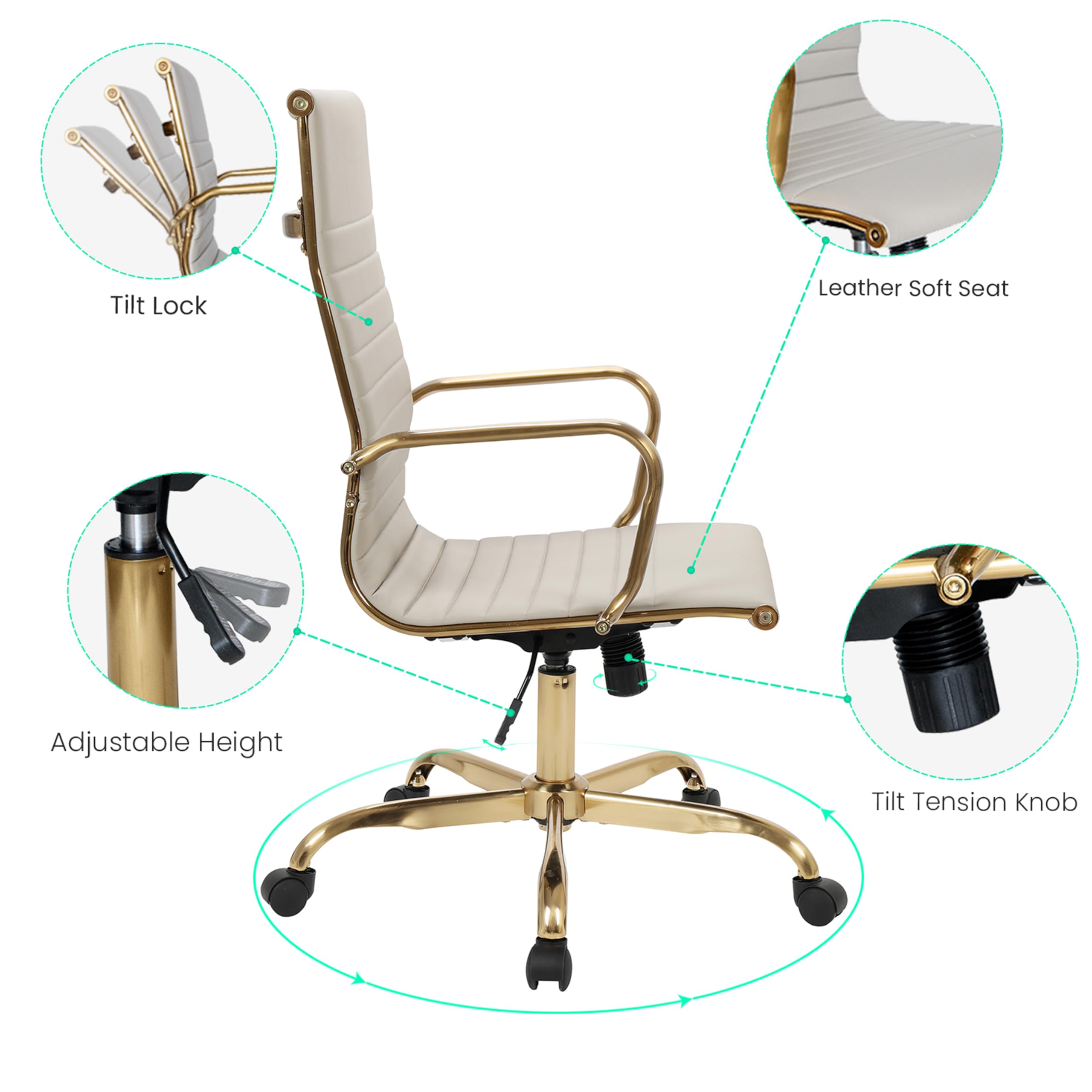 LeisureMod Harris High-Back Office Chair - Modern Leather Executive Chair with Gold Frame & 360 Swivel, Ergonomic Ribbed Design for Home Office, Study & Workspace | Perfect for Long Work Hours & Video Conferencing